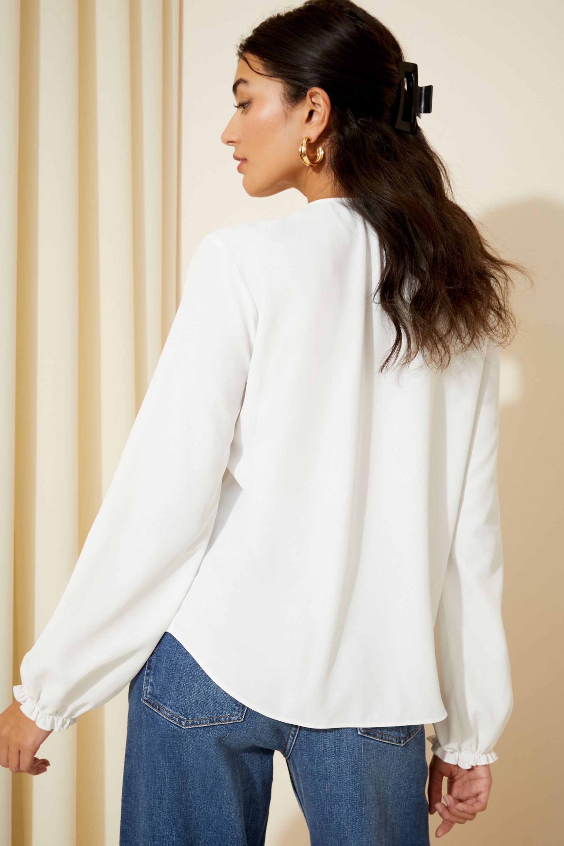 Friends Like These Ivory White Long Sleeve Tie Front Double Ruffle Blouse - Image 4 of 4