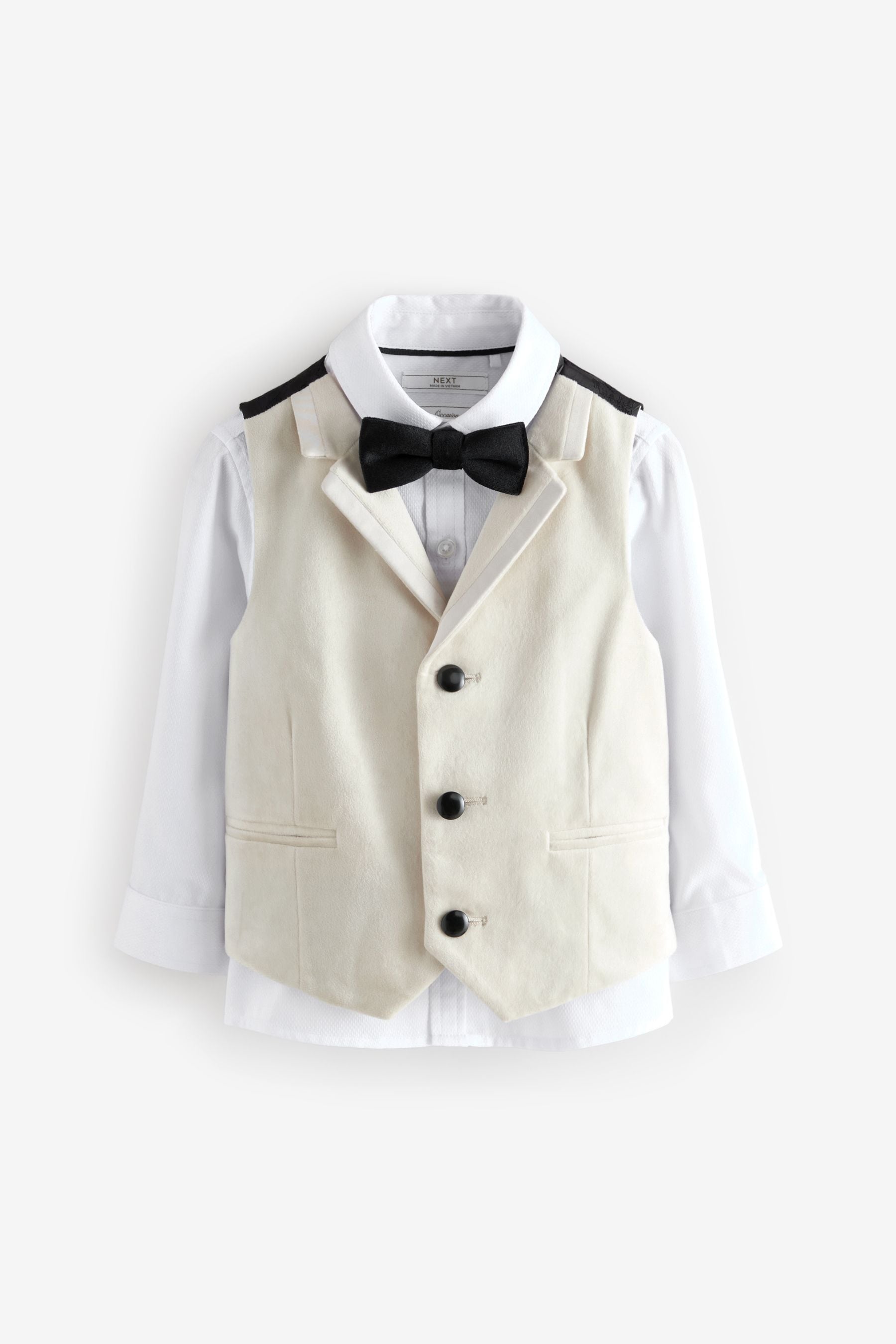 NEXT Ivory Plain Waistcoat Set With Shirt And Bow Tie 3mths 7yrs 9 12 Mths Boys