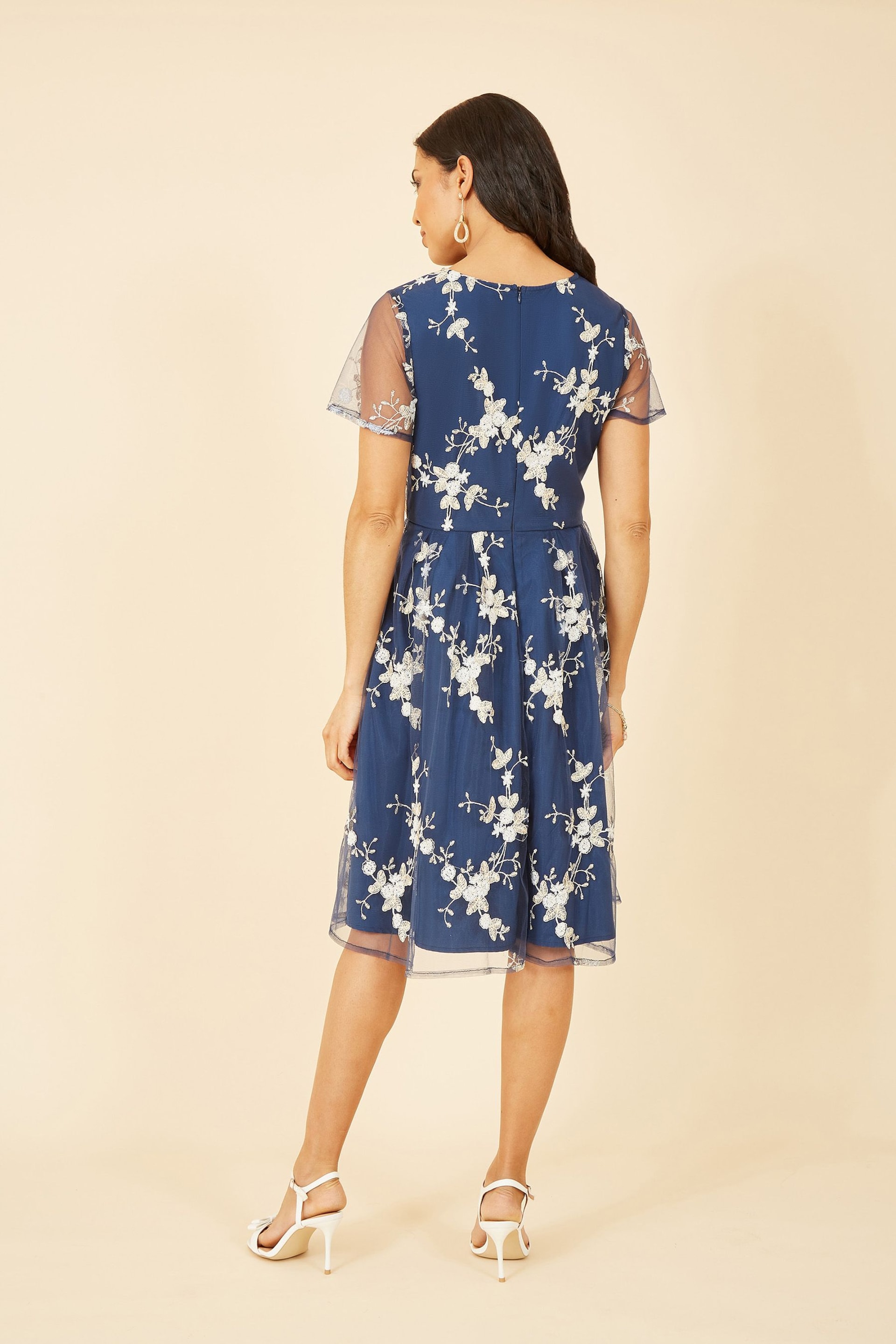 Yumi Blue Embroidered Floral Skater Dress - Image 4 of 5