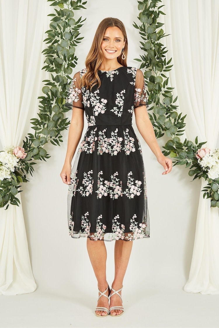 Yumi Black Embroidered Floral Skater Dress - Image 2 of 4