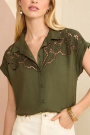Love & Roses Khaki Green Linen Cutwork Roll Sleeve Utility Shirt - Image 1 of 4