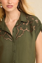 Love & Roses Khaki Green Linen Cutwork Roll Sleeve Utility Shirt - Image 2 of 4