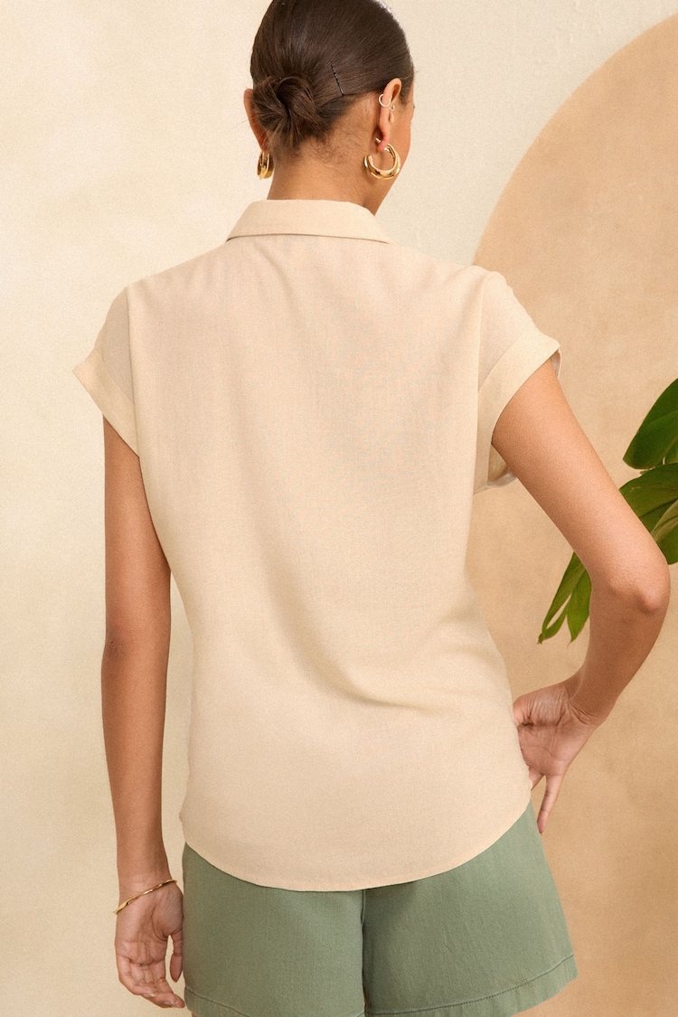 Love & Roses Beige Linen Cutwork Roll Sleeve Utility Shirt - Image 3 of 4