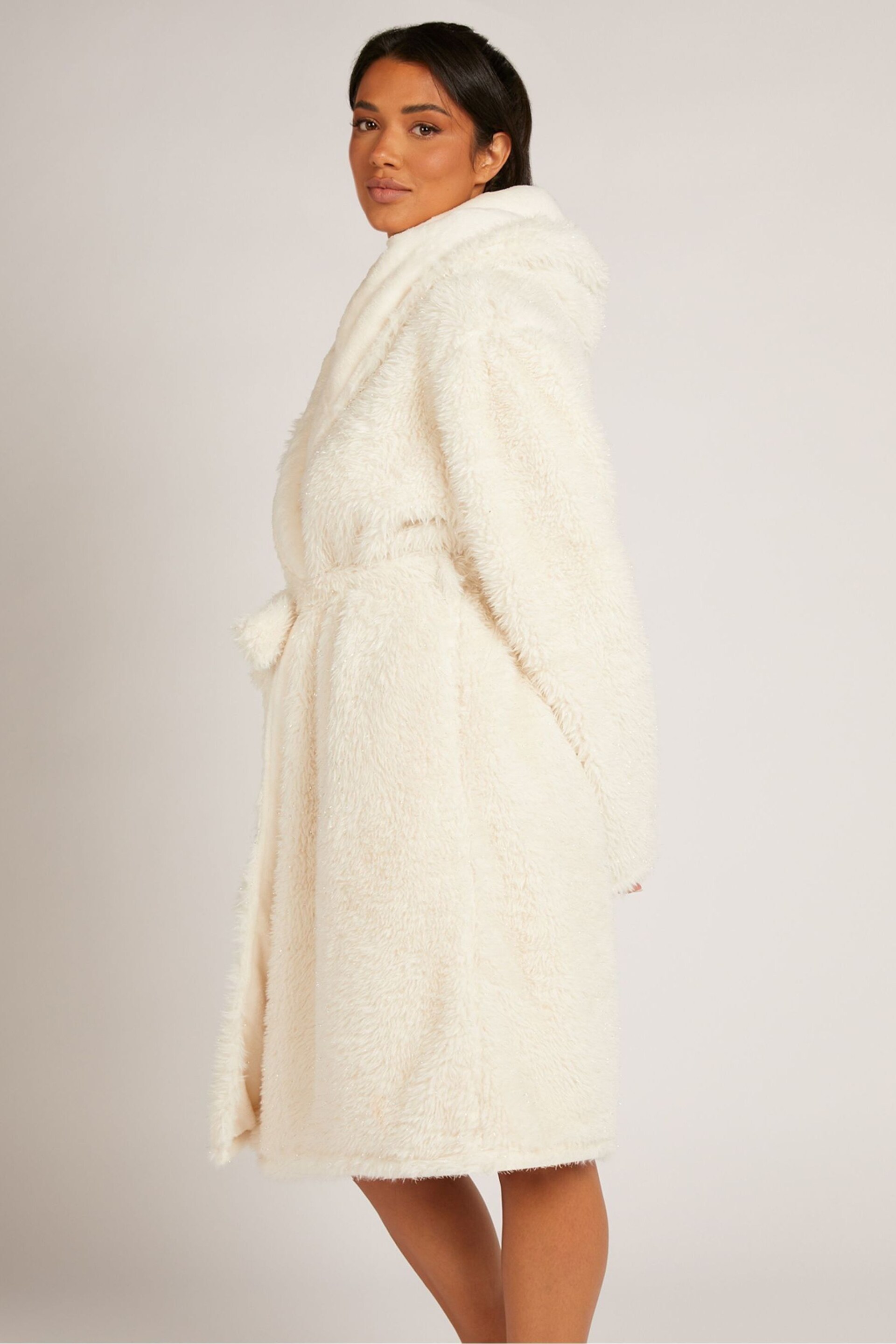 Boux Avenue Cream Sparkle Faux Fur Midi Cosy Supersoft Robe Dressing Gown - Image 2 of 5