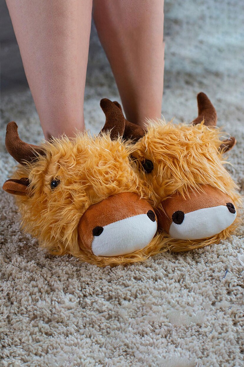 MenKind Brown Fuzzy Friends Highland Cow Slippers - Image 1 of 4