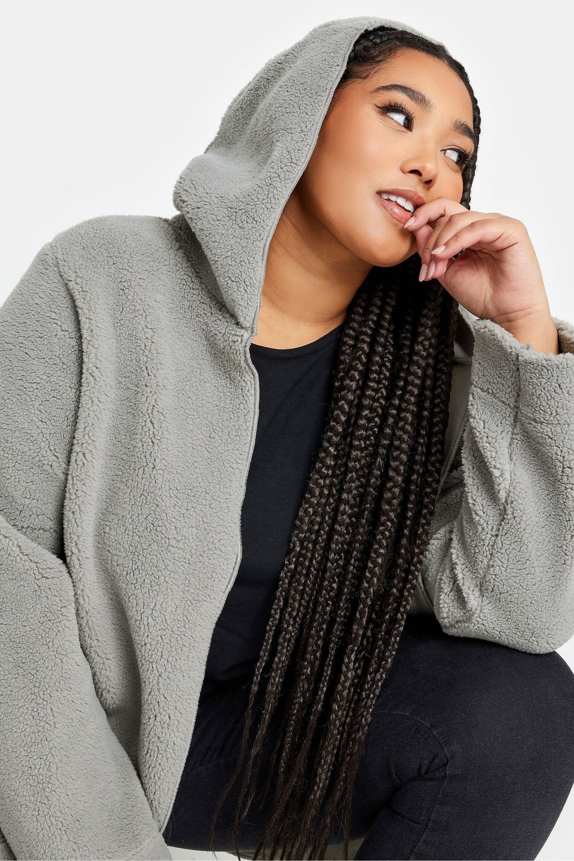 Yours Curve Grey Teddy Hooded Jacket - Image 4 of 4