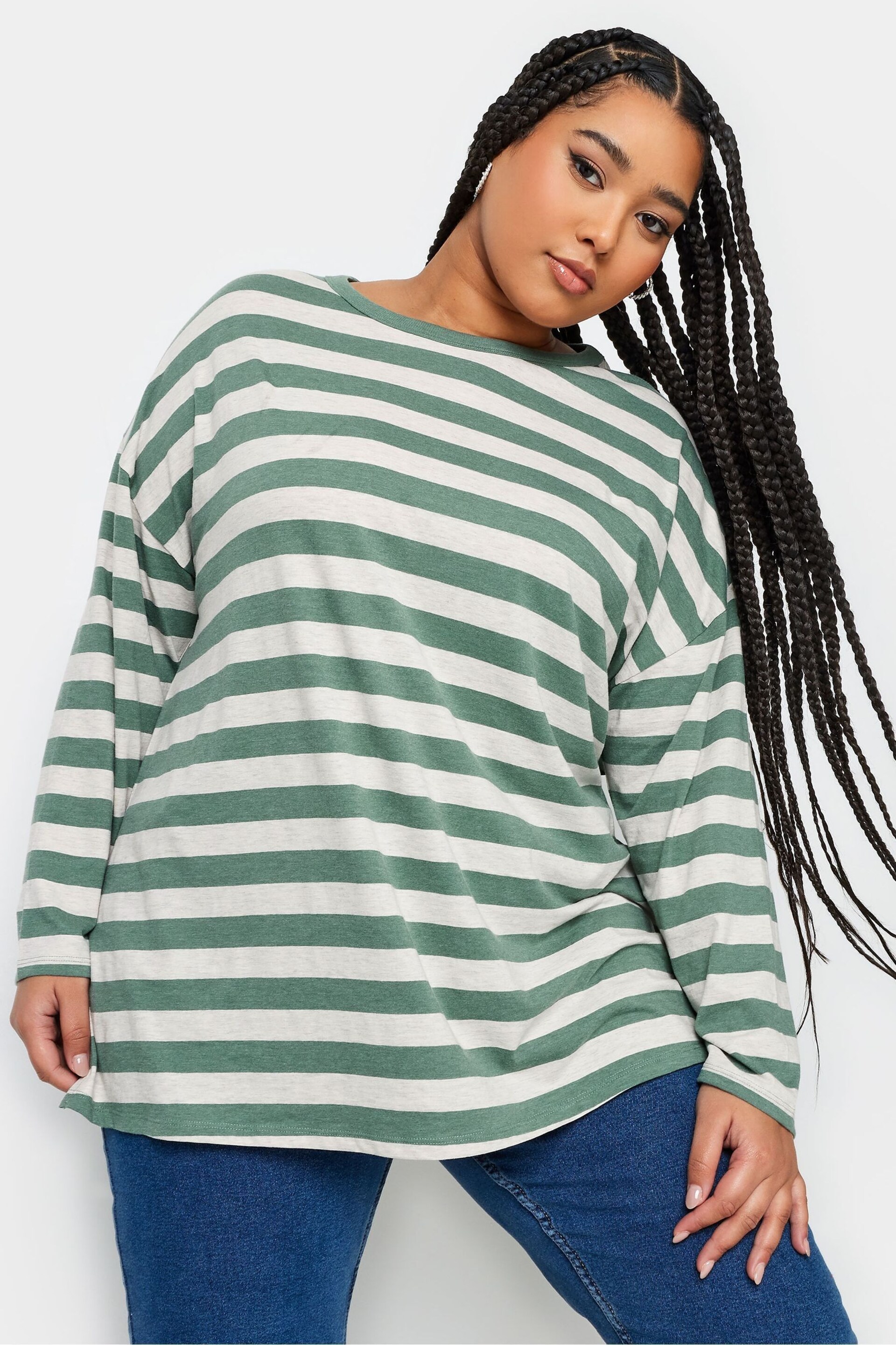 Yours Curve Green Fashion Throw On Stripe Top - Image 1 of 4