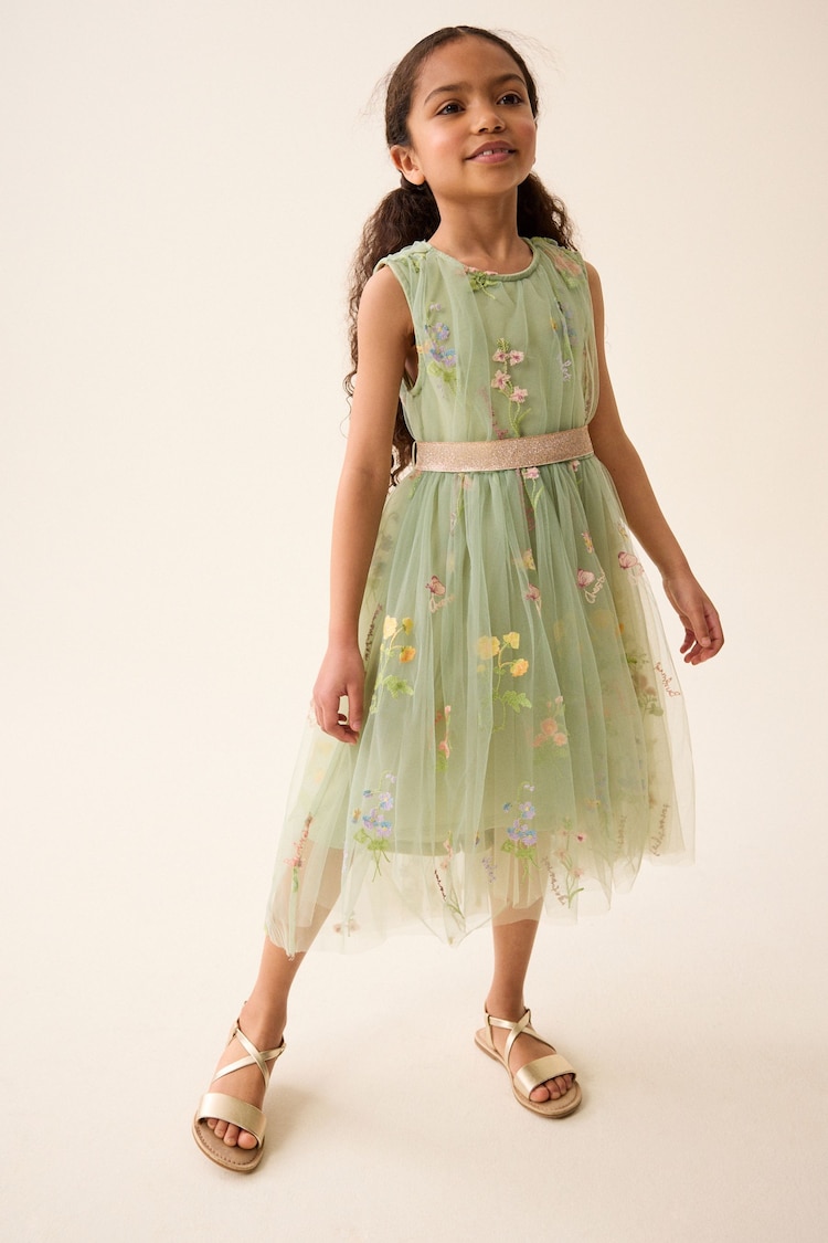 Green Floral Embroidered Mesh Tie Back Party Dress (3-16yrs) - Image 1 of 4