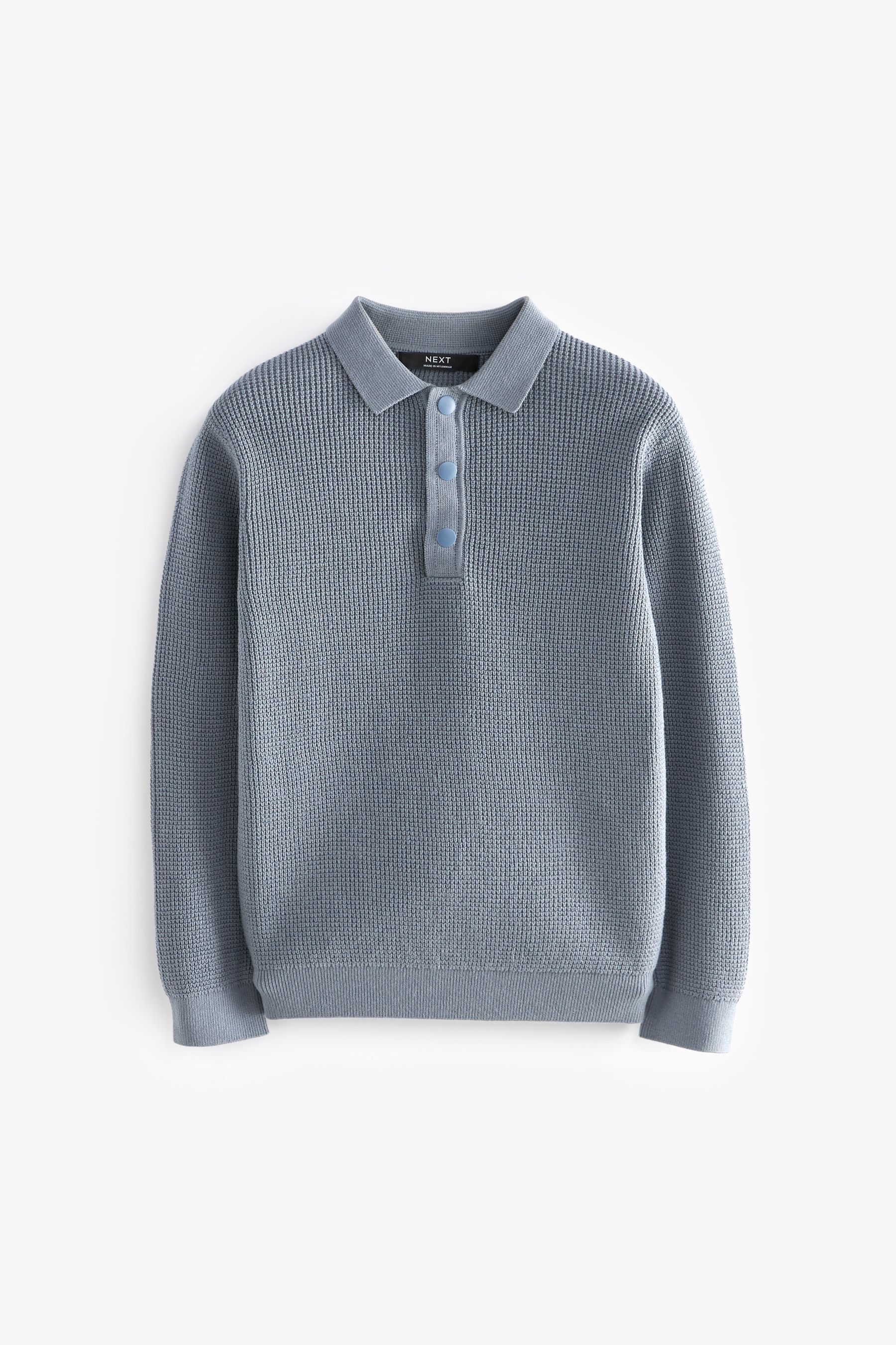 Blue Long Sleeve 100 Cotton Textured Polo Shirt 3 16yrs