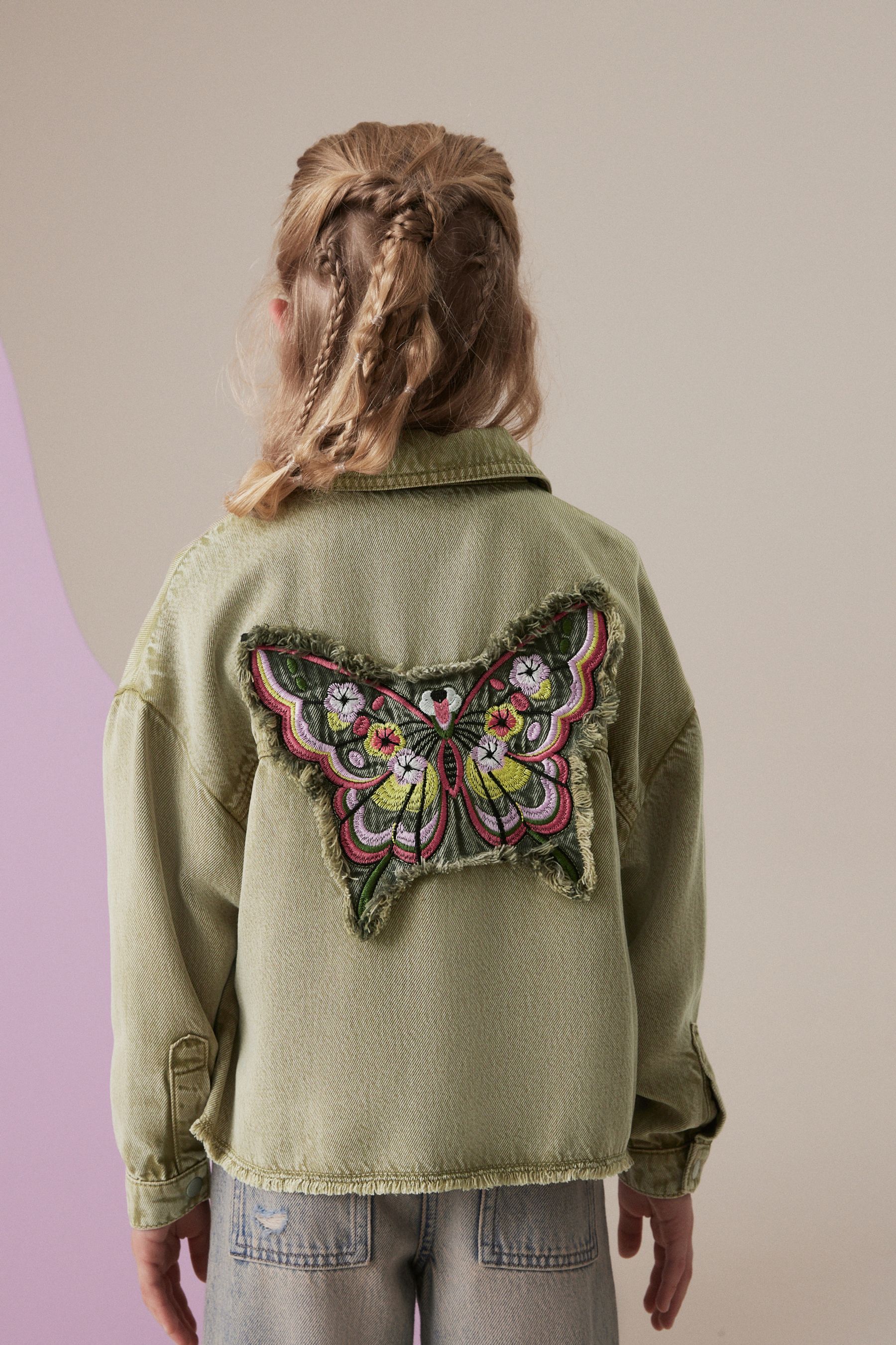 Khaki Green Butterfly Embellished Shacket 3 16yrs