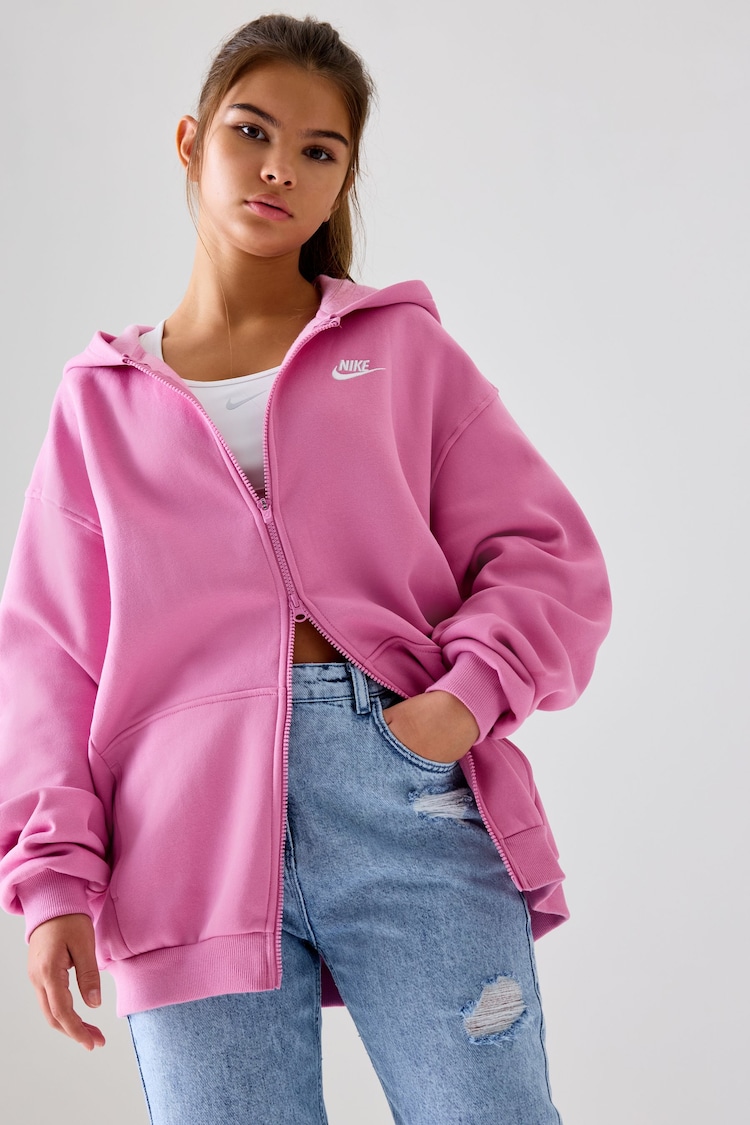 Nike Pink Flamingo Oversized Club Fleece Zip Through Hoodie - Image 1 of 6