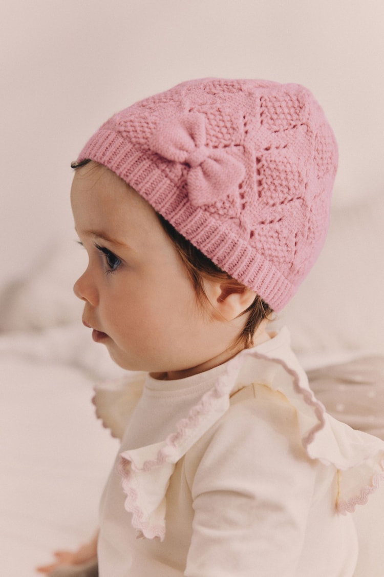 Pink Baby Knitted Bow 100% Cotton Turban Hat (0mths-3yrs) - Image 1 of 5