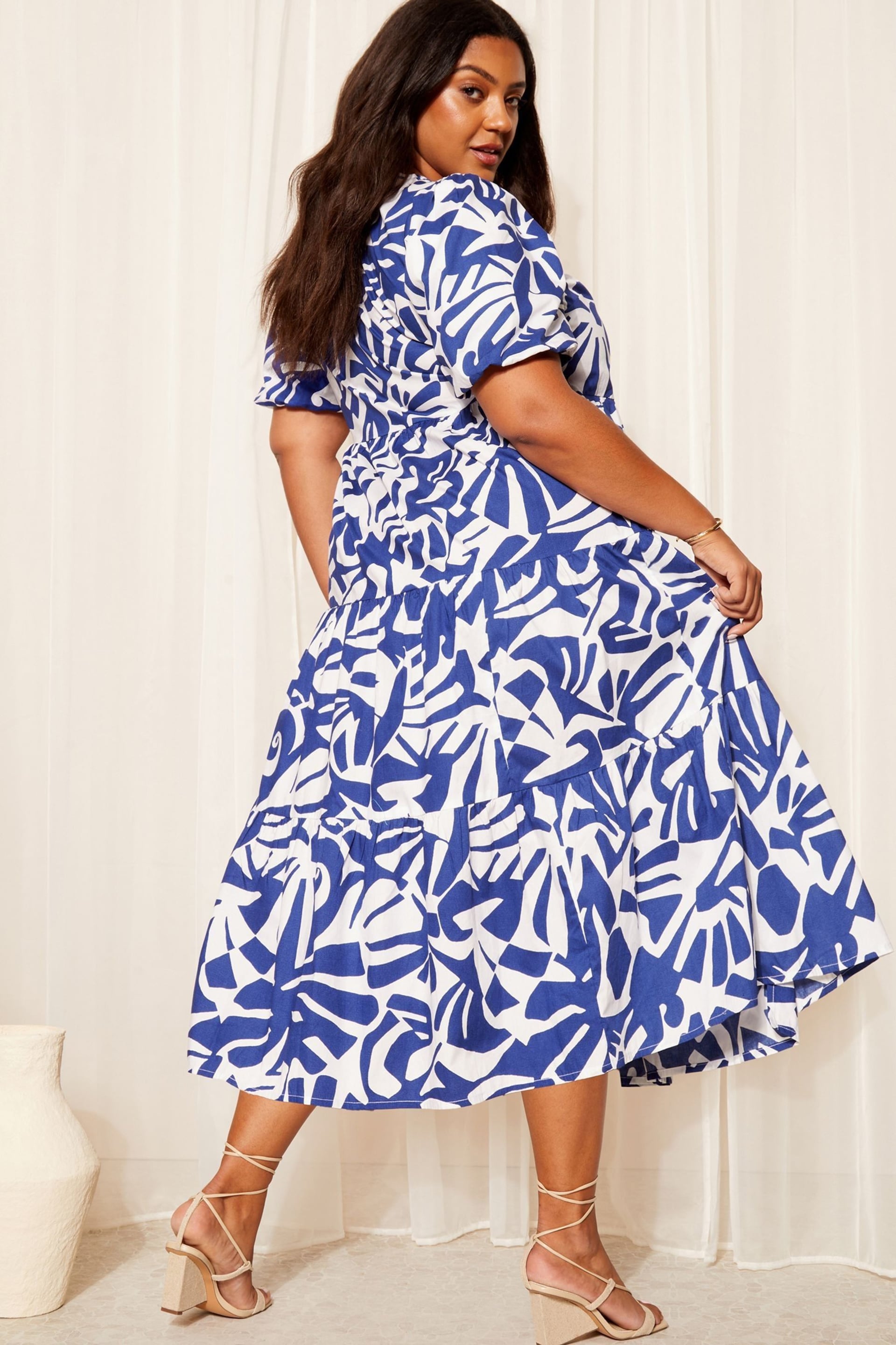 Curves Like These Blue Poplin Puff Sleeve Wrap Midi Dress - Image 4 of 4