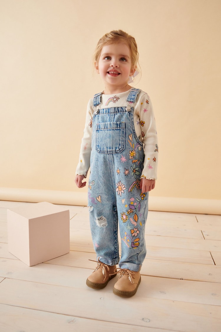 Denim Floral Printed 100% Cotton Dungaree Set (3mths-7yrs) - Image 1 of 8