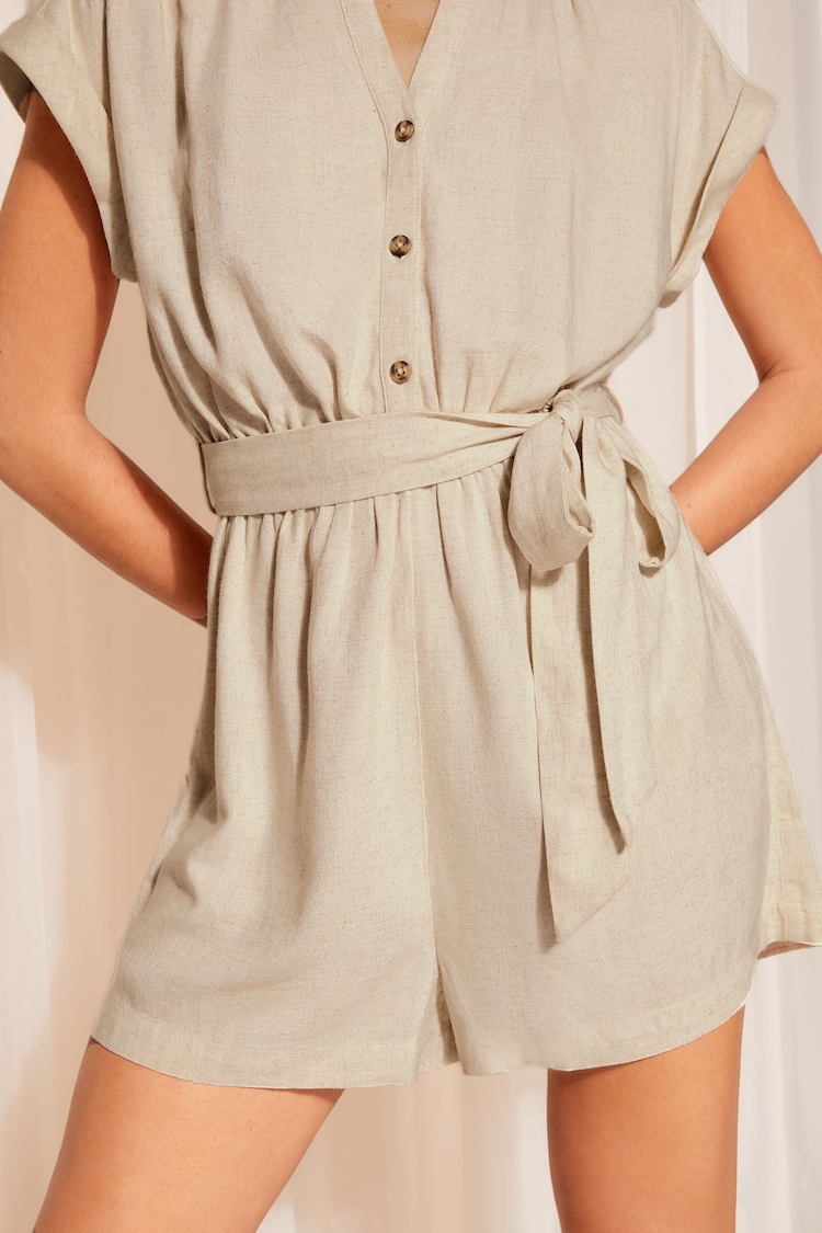 Friends Like These Neutral Linen Belted Shorts Sleeve Utility Playsuit - Image 2 of 4