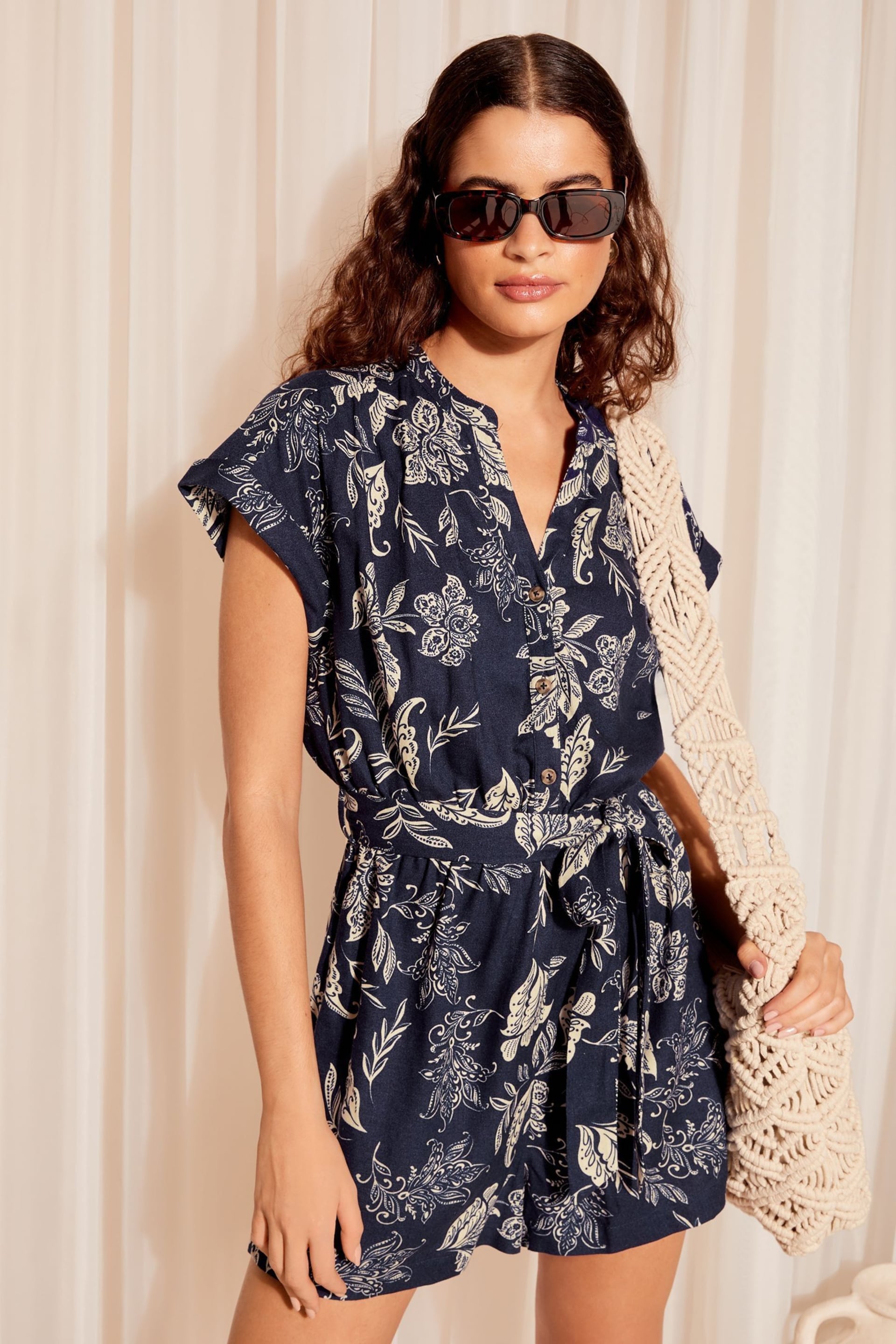 Friends Like These Navy Blue Linen Belted Shorts Sleeve Utility Playsuit - Image 1 of 4