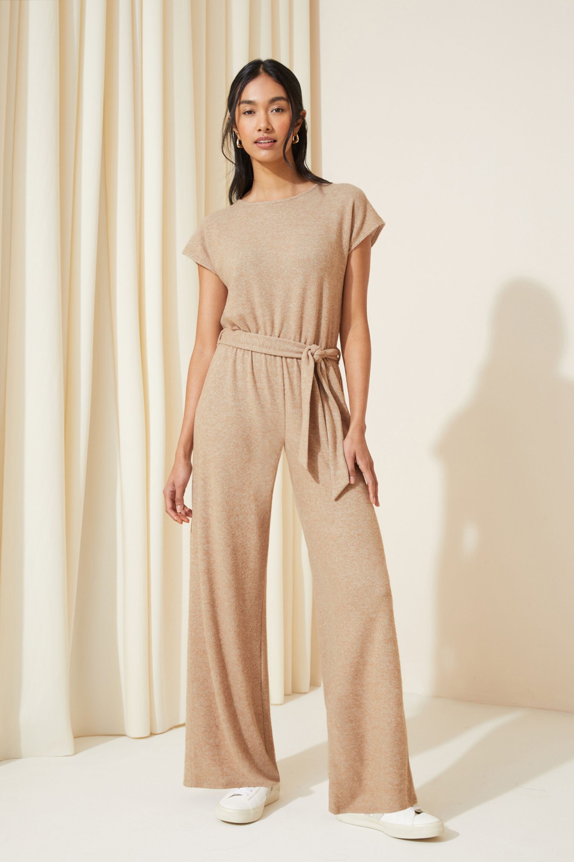 Friends Like These Camel Tie Belt Cosy Knit Rolled Sleeve Jumpsuit - Image 1 of 4