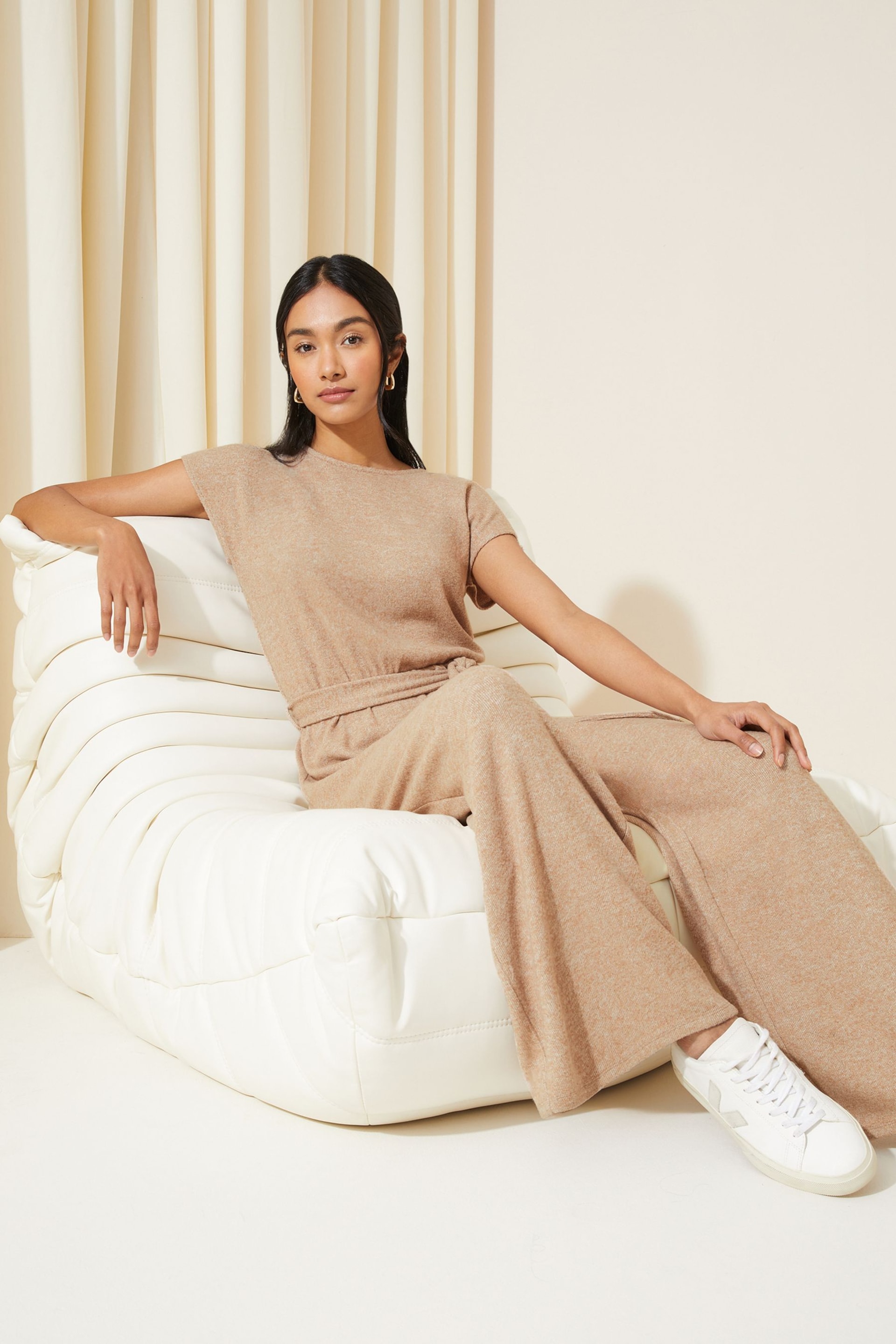 Friends Like These Camel Tie Belt Cosy Knit Rolled Sleeve Jumpsuit - Image 3 of 4