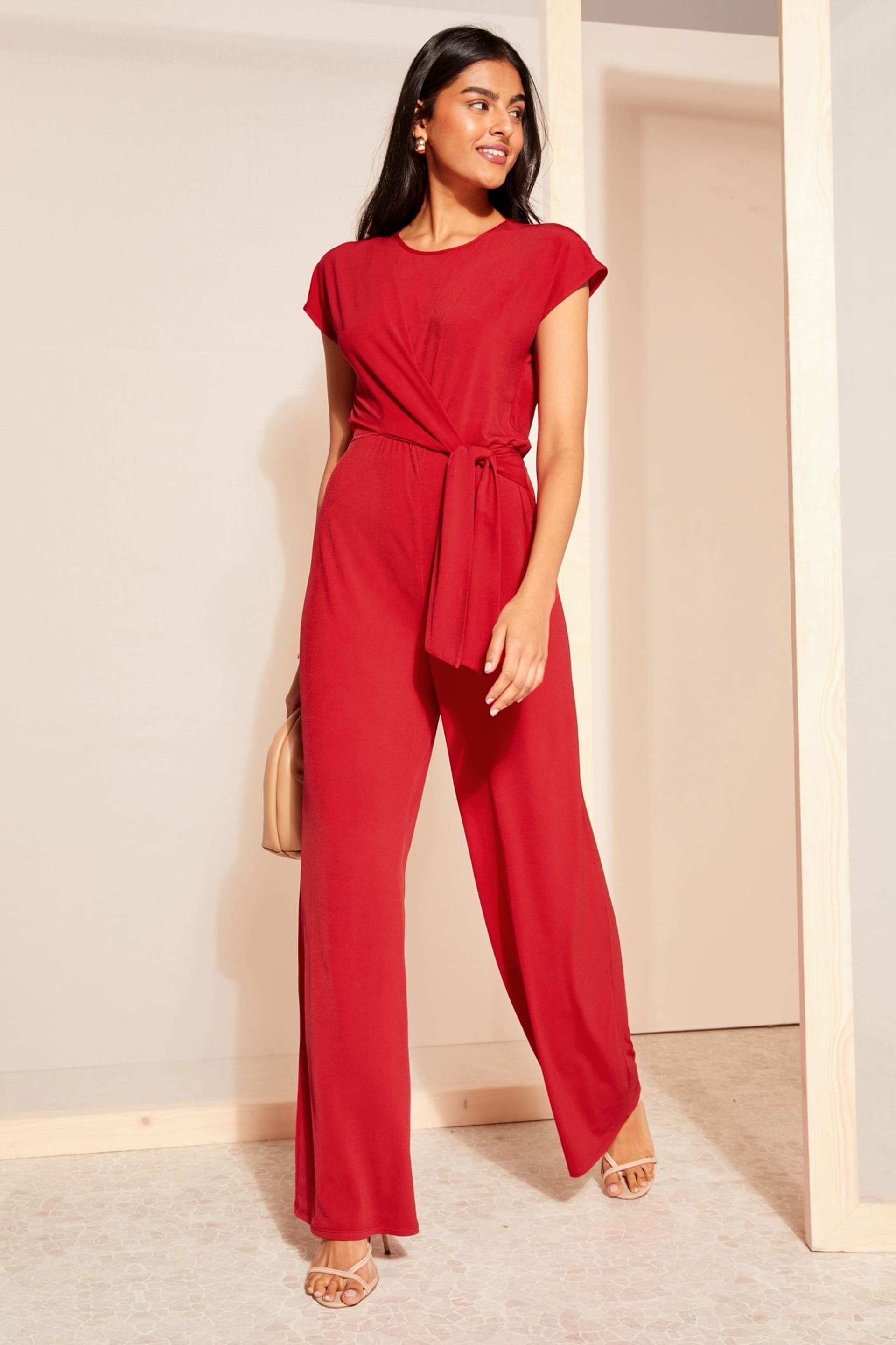Friends Like These Red Short Sleeve Tie Waist Jumpsuit - Image 3 of 4