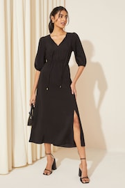 Friends Like These Black V Neck Puff Sleeve Shirred Waist Dress - Image 1 of 4