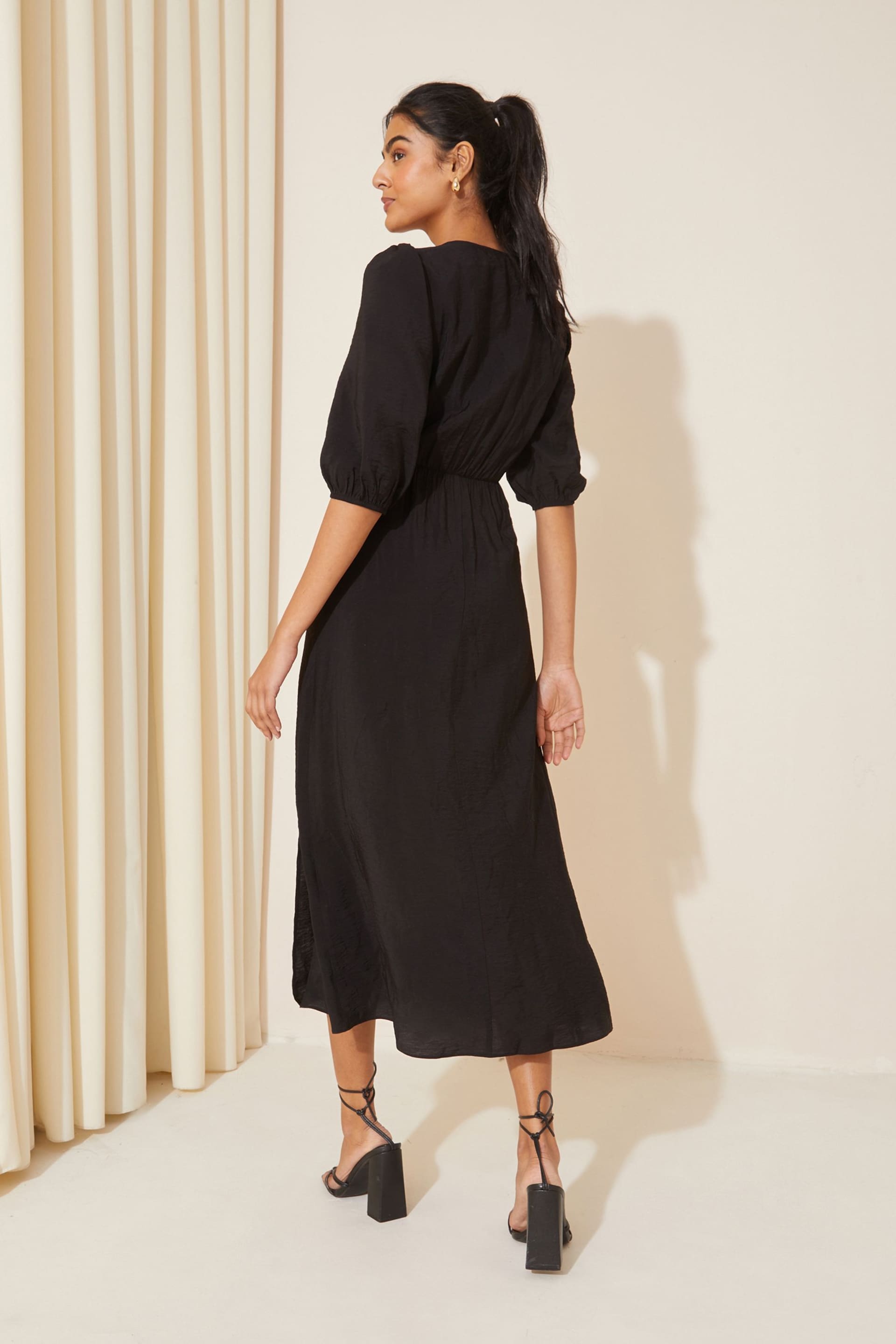 Friends Like These Black V Neck Puff Sleeve Shirred Waist Dress - Image 2 of 4