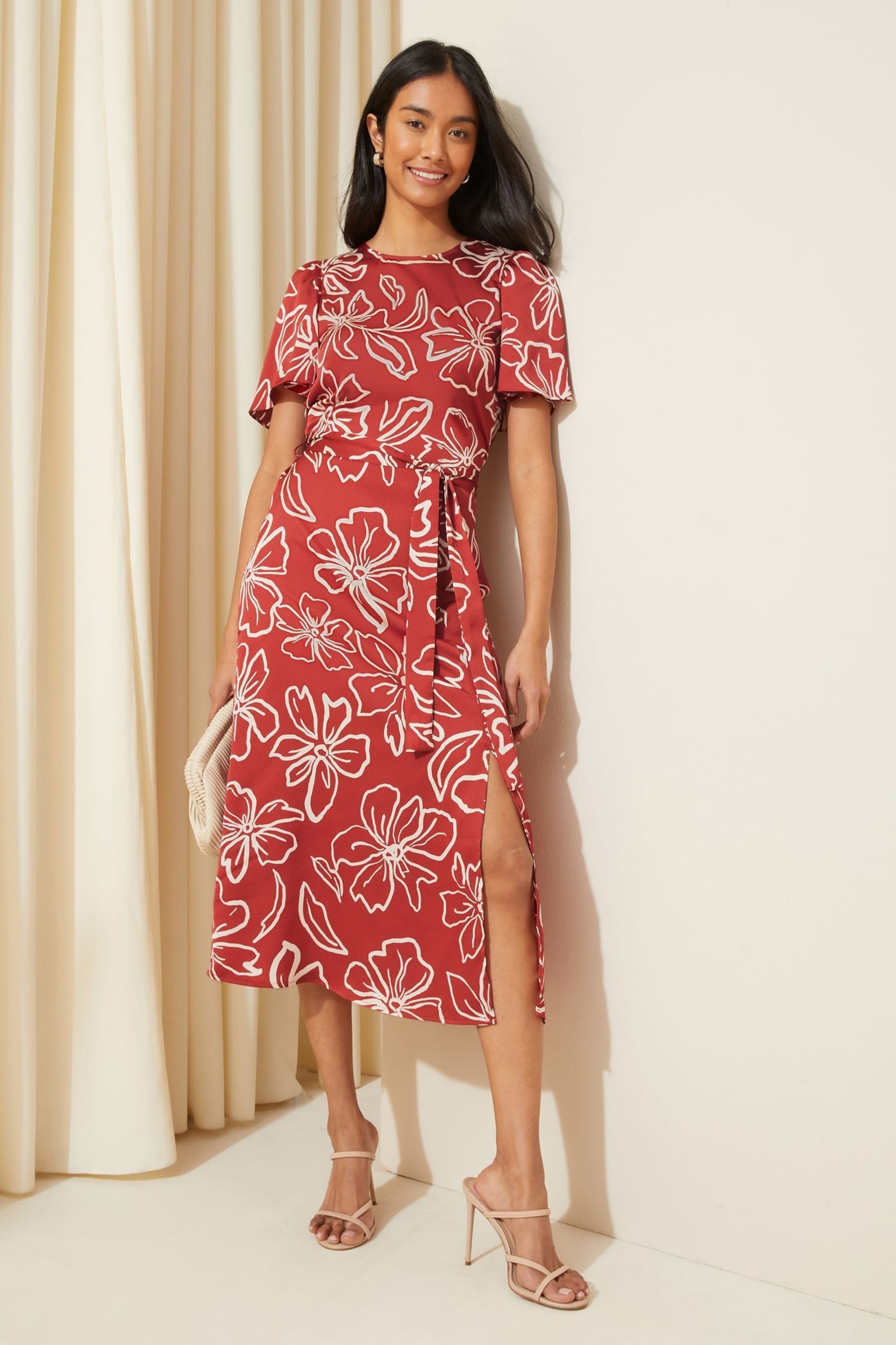 Friends Like These Red Flutter Sleeve Printed Satin Midi Summer Dress - Image 1 of 4