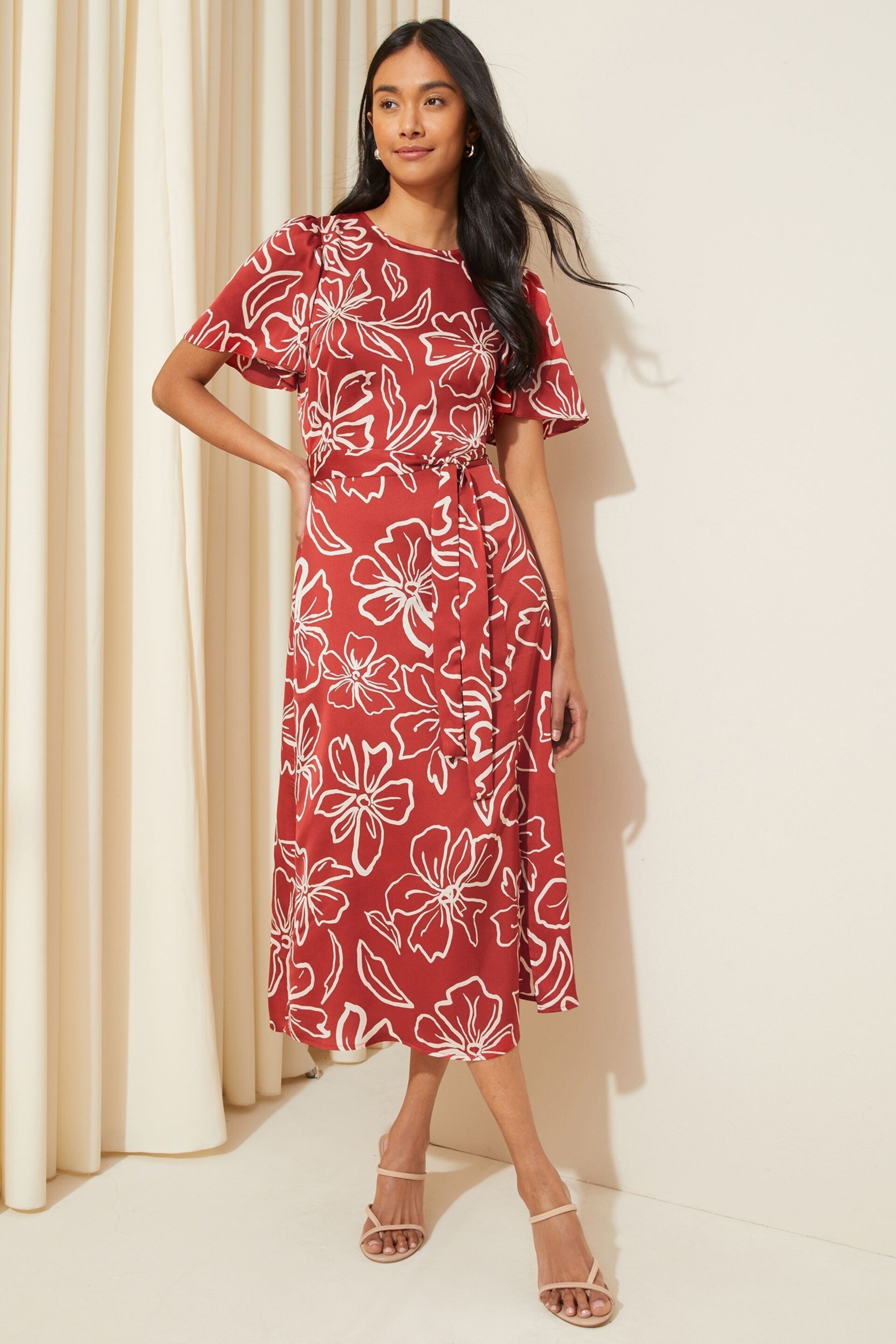 Friends Like These Red Flutter Sleeve Printed Satin Midi Summer Dress - Image 3 of 4