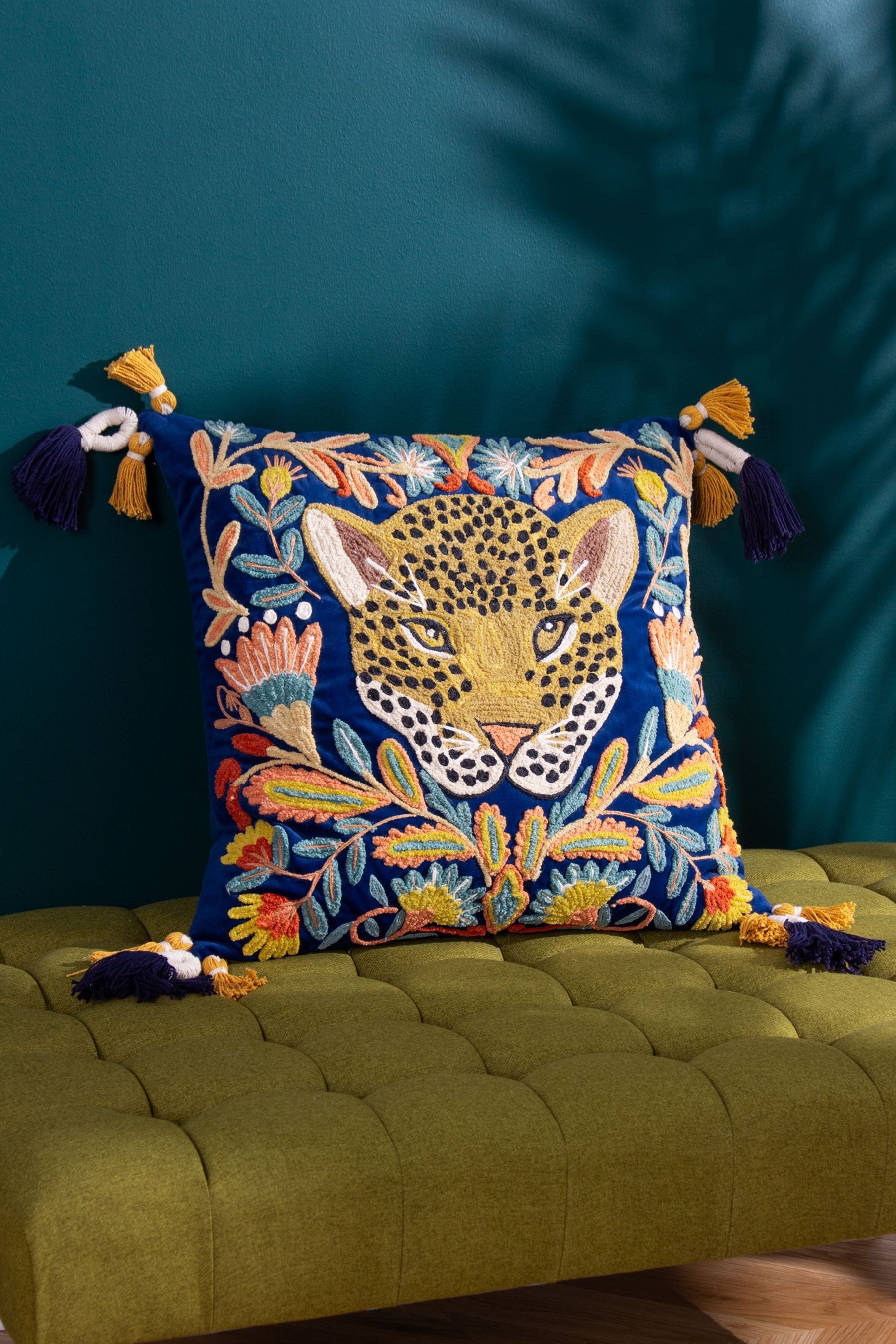Buy Wylder Tropics Royal Blue Regal Leopard Embroidered Velvet 100 Cotton Cushion from the Next UK online shop