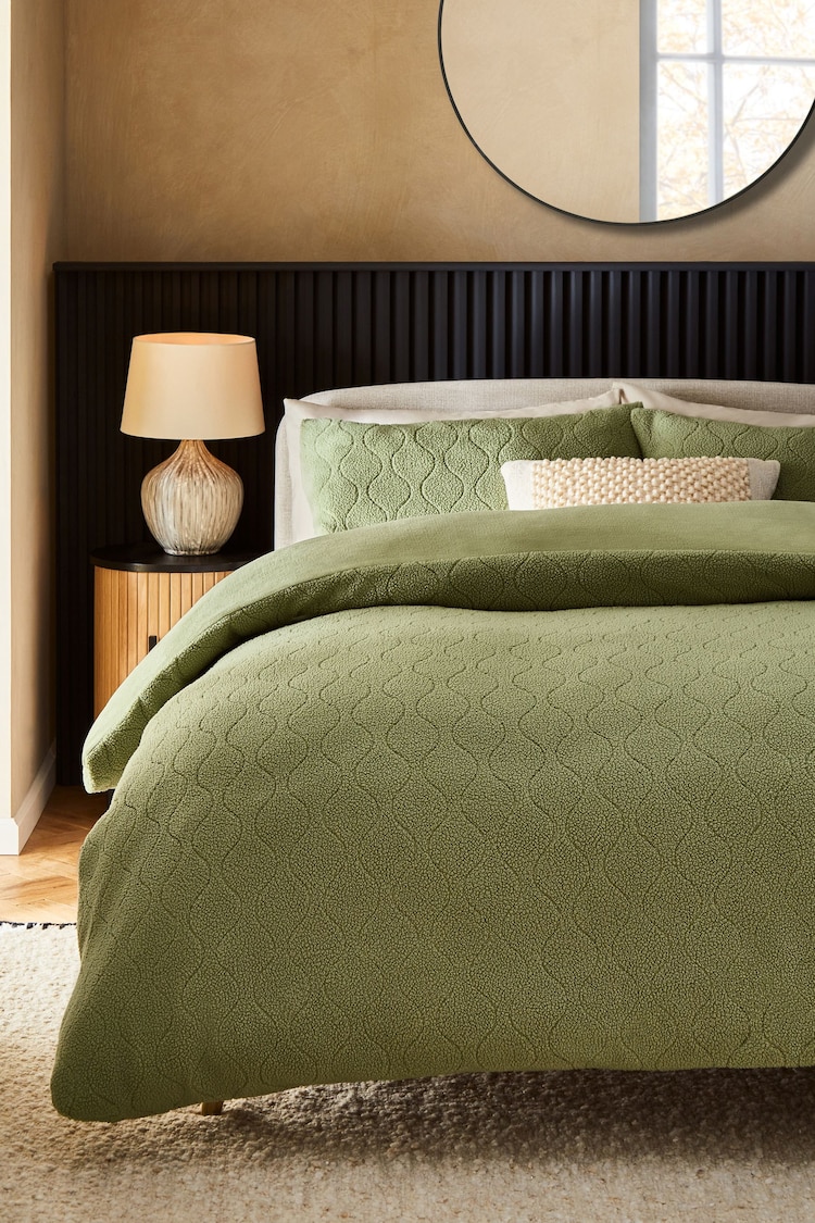 Sage Green Pattern Embossed Borg Fleece Duvet Cover and Pillowcase Set - Image 2 of 3