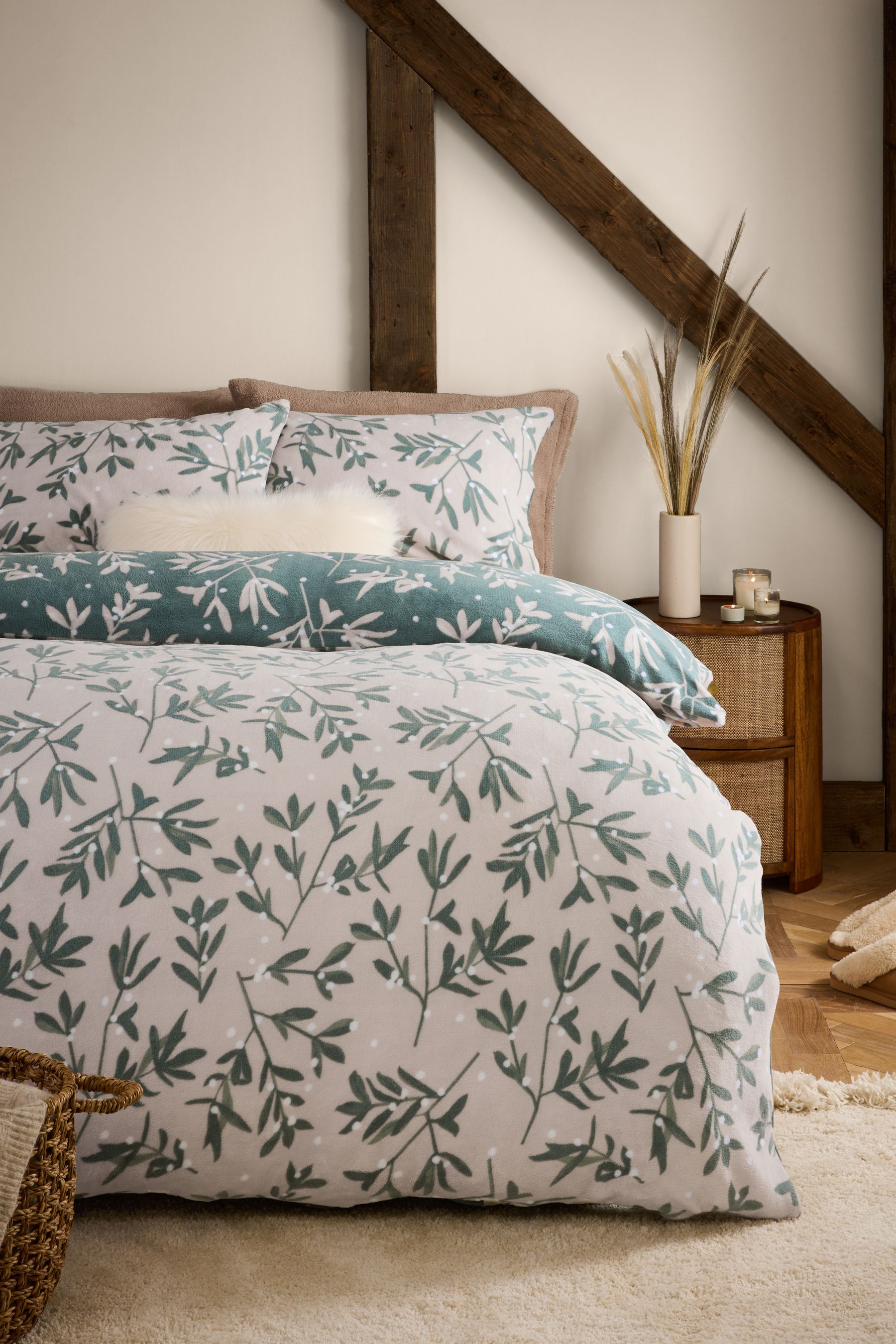 Buy Green Reversible Mistletoe Printed Fleece Duvet Cover and Pillowcase Set from Next Luxembourg