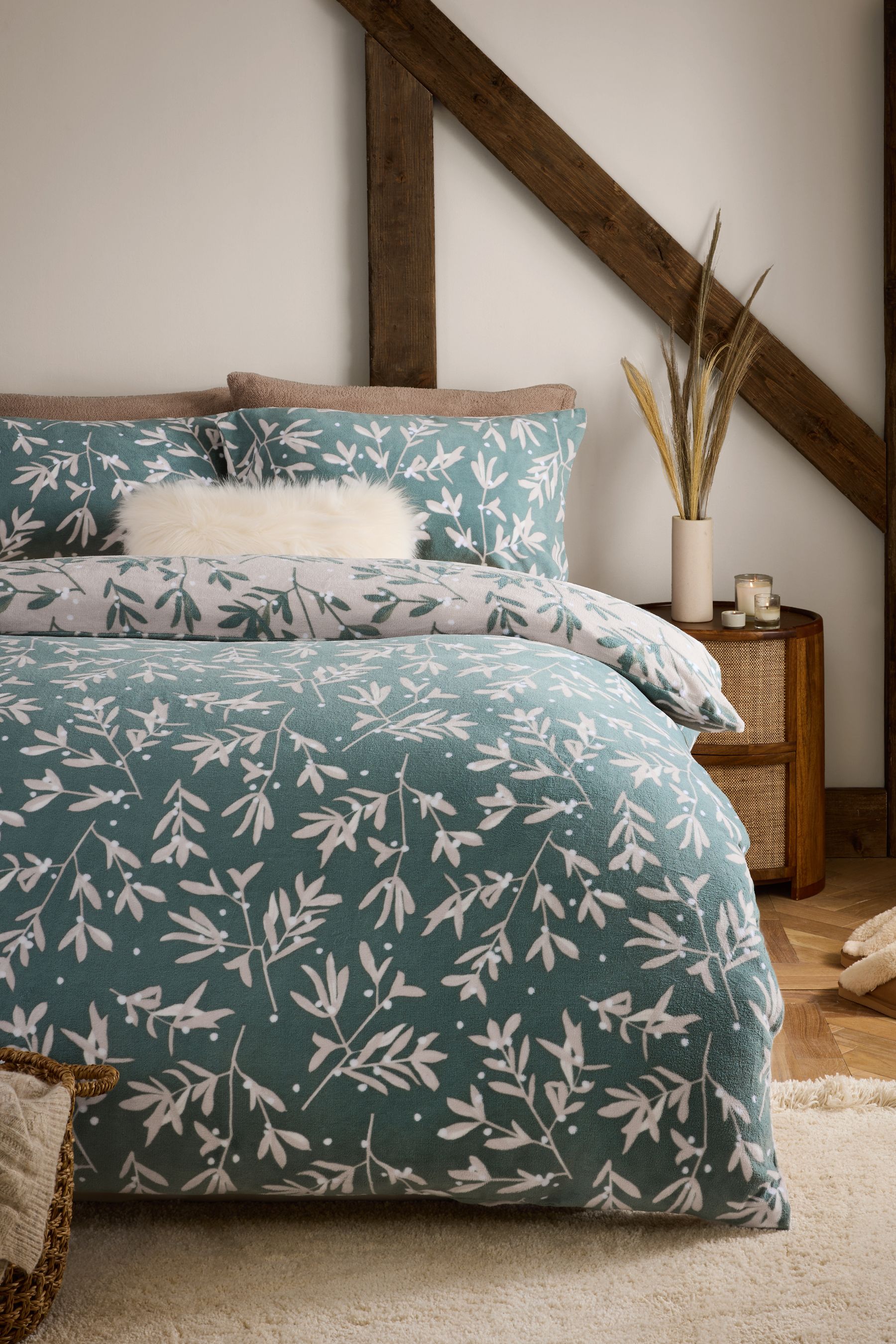 Buy Green Reversible Mistletoe Printed Fleece Duvet Cover and Pillowcase Set from the Next UK online shop