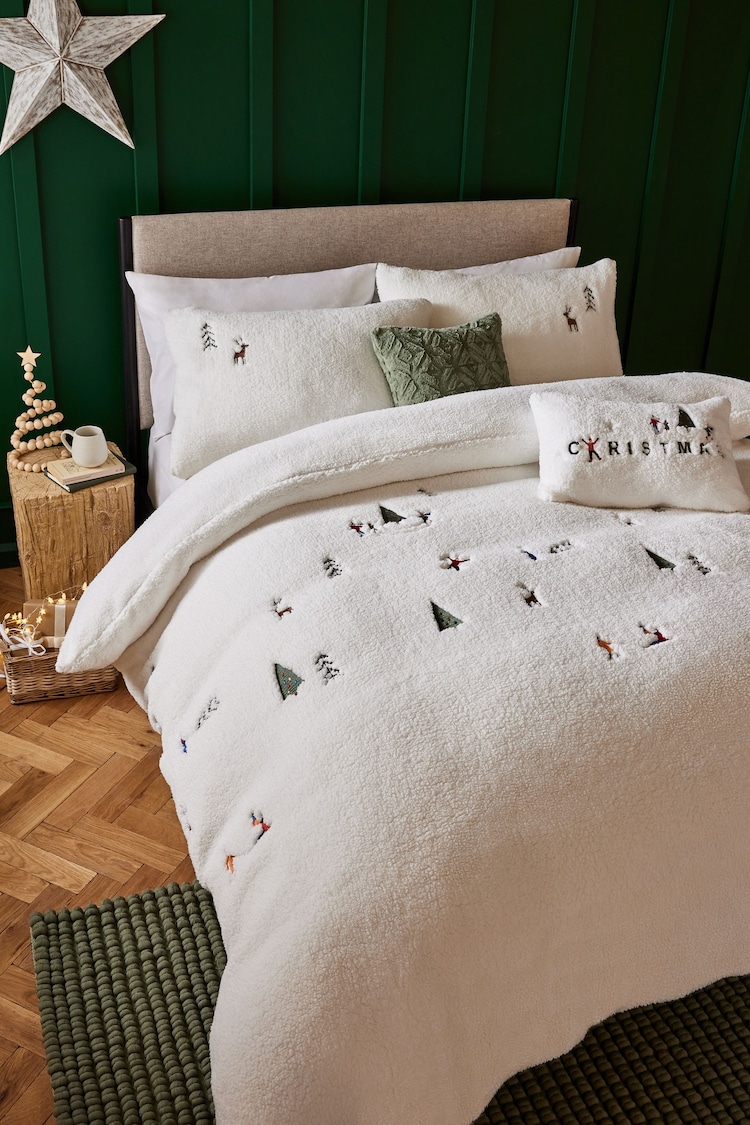 White Christmas Embroidered Fleece Duvet Cover and Pillowcase Set - Image 1 of 3