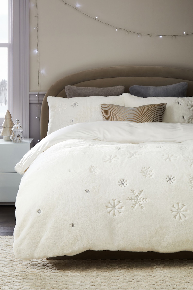 White Embroidered Snowflake Plush Faux Fur Duvet Cover and Pillowcase Set - Image 1 of 3