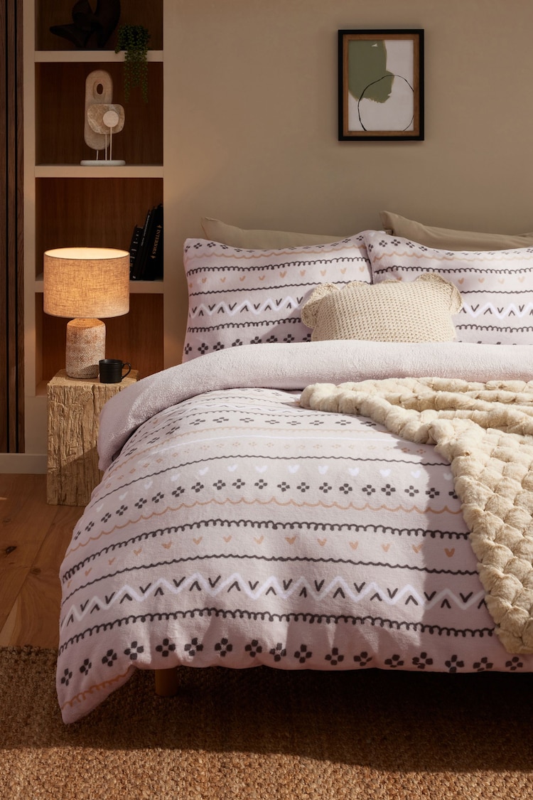 Natural Fairisle Printed Fleece Duvet Cover and Pillowcase Set - Image 1 of 3