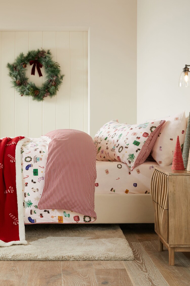 Buy White/Multi Brushed 100 Cotton Festive Fitted Sheet and Pillowcase