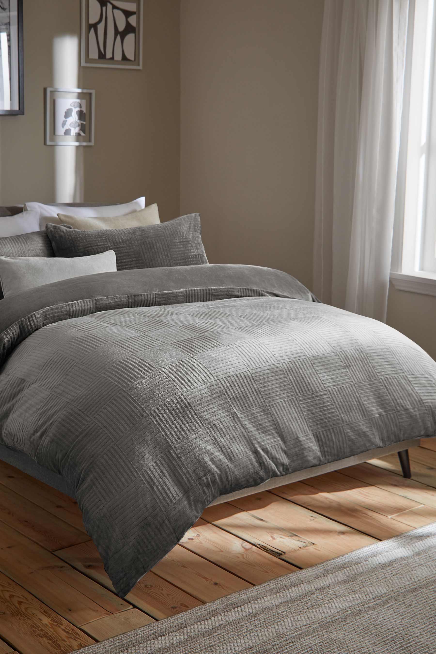 Buy Charcoal Grey Checkered Embossed Fleece Duvet Cover and Pillowcase Set from Next Luxembourg