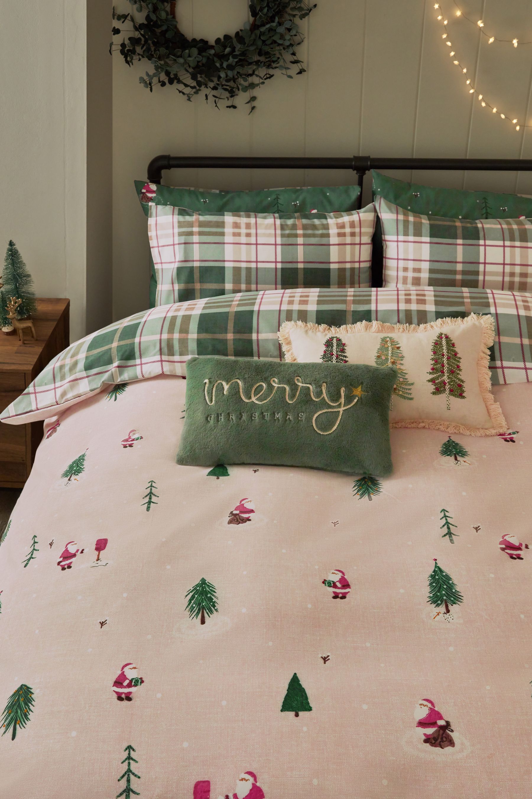 Buy 2 Pack Green Festive Santa Reversible Duvet Cover and Pillowcase Set from the Next UK online shop