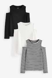 黑色╱白色 - Cold Shoulder Rib Long Sleeve T-Shirt 3 Pack (3-16yrs) - 圖片 1，共 6