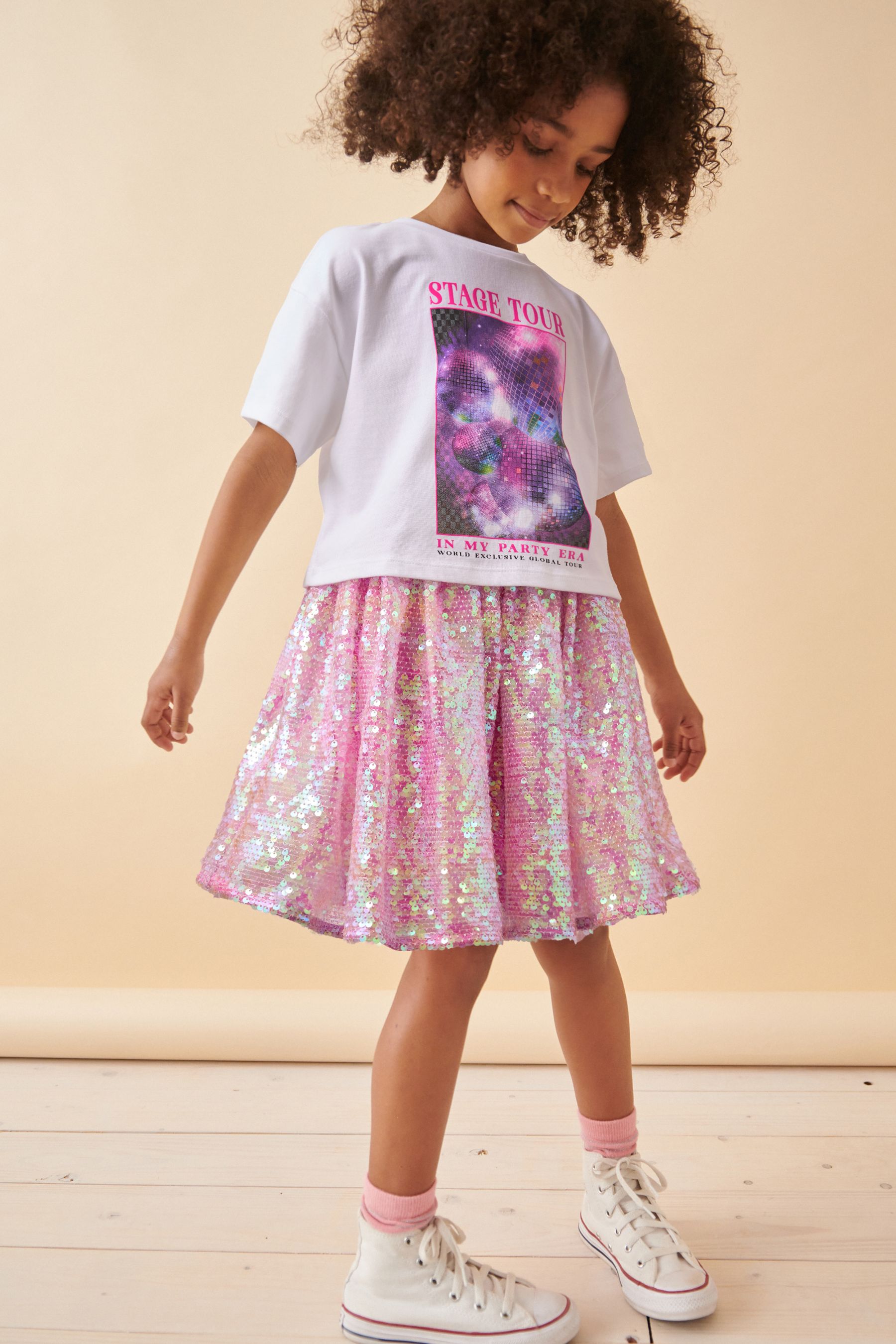 NEXT White Pink Glitterball Graphic T Shirt and Sequin Skirt Set 3 16yrs 1213years Girls