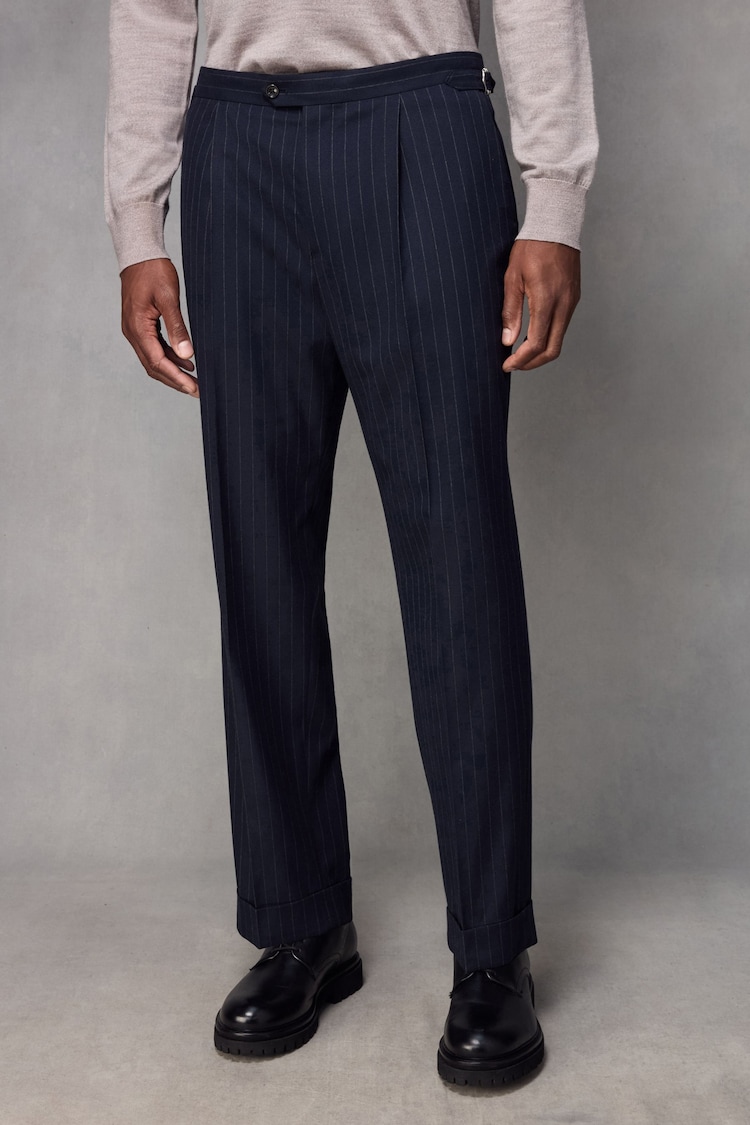 Navy Blue Slim Fit Flannel Stripe Suit Trousers - Image 1 of 9