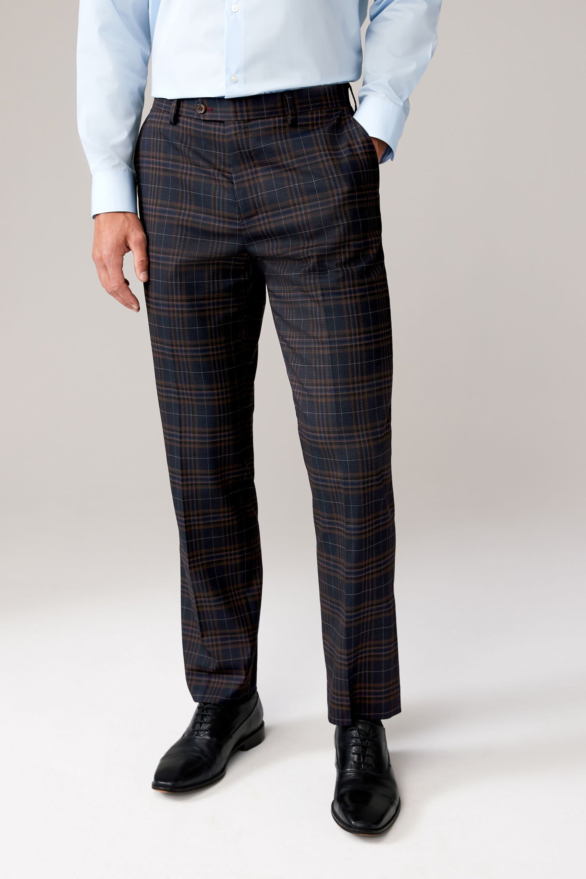 Navy Tailored Fit Trimmed Check Suit Trousers - Image 1 of 9