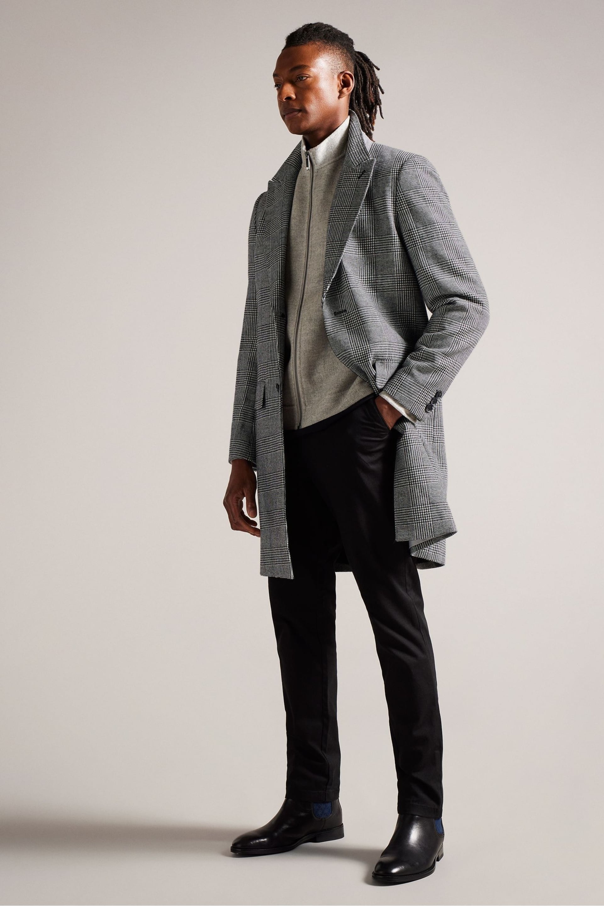 Ted Baker Grey Raydash Wool Blend Check Overcoat - Image 2 of 7