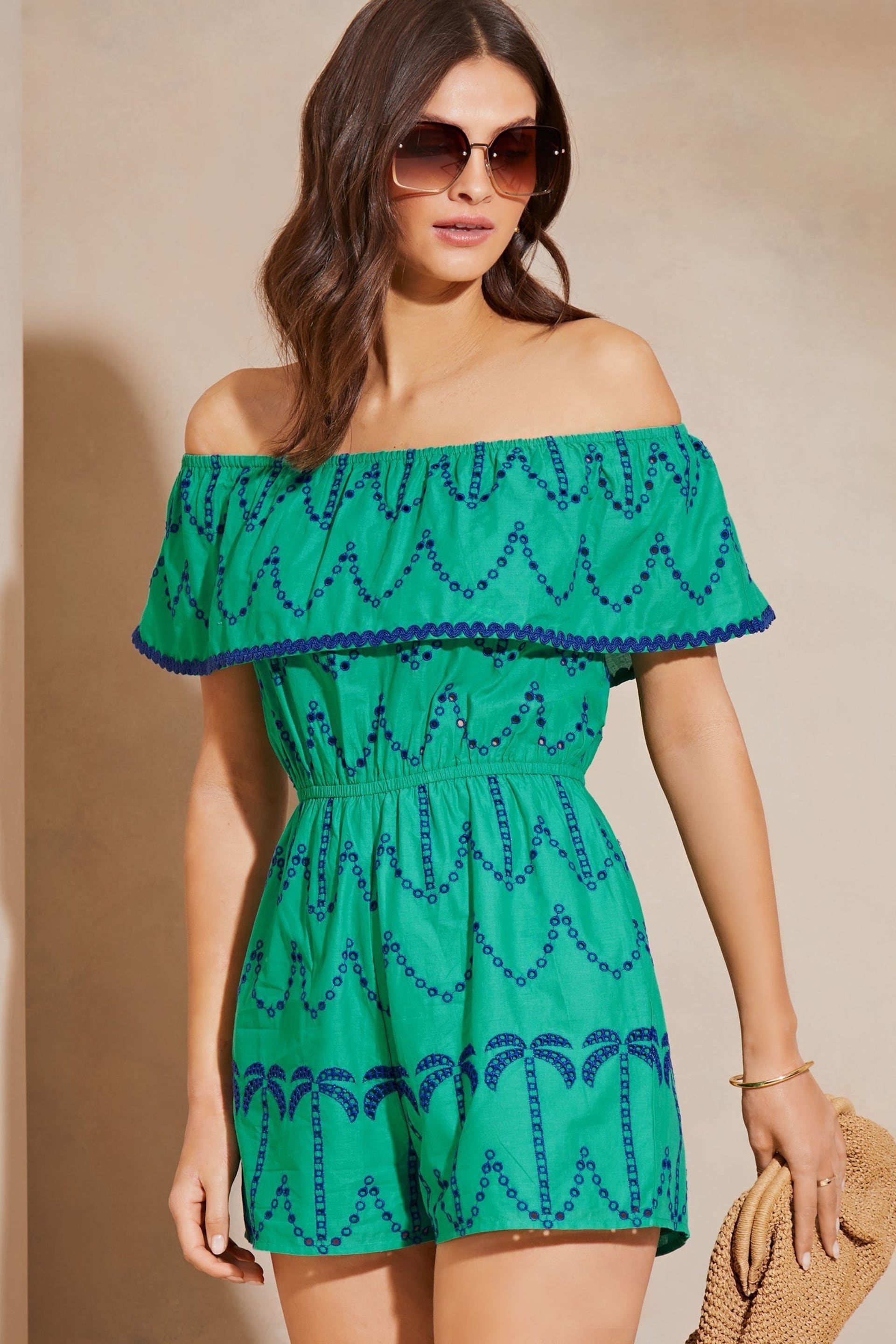 Lipsy Green Summer Holiday Palm Broderie Bardot Playsuit - Image 1 of 4