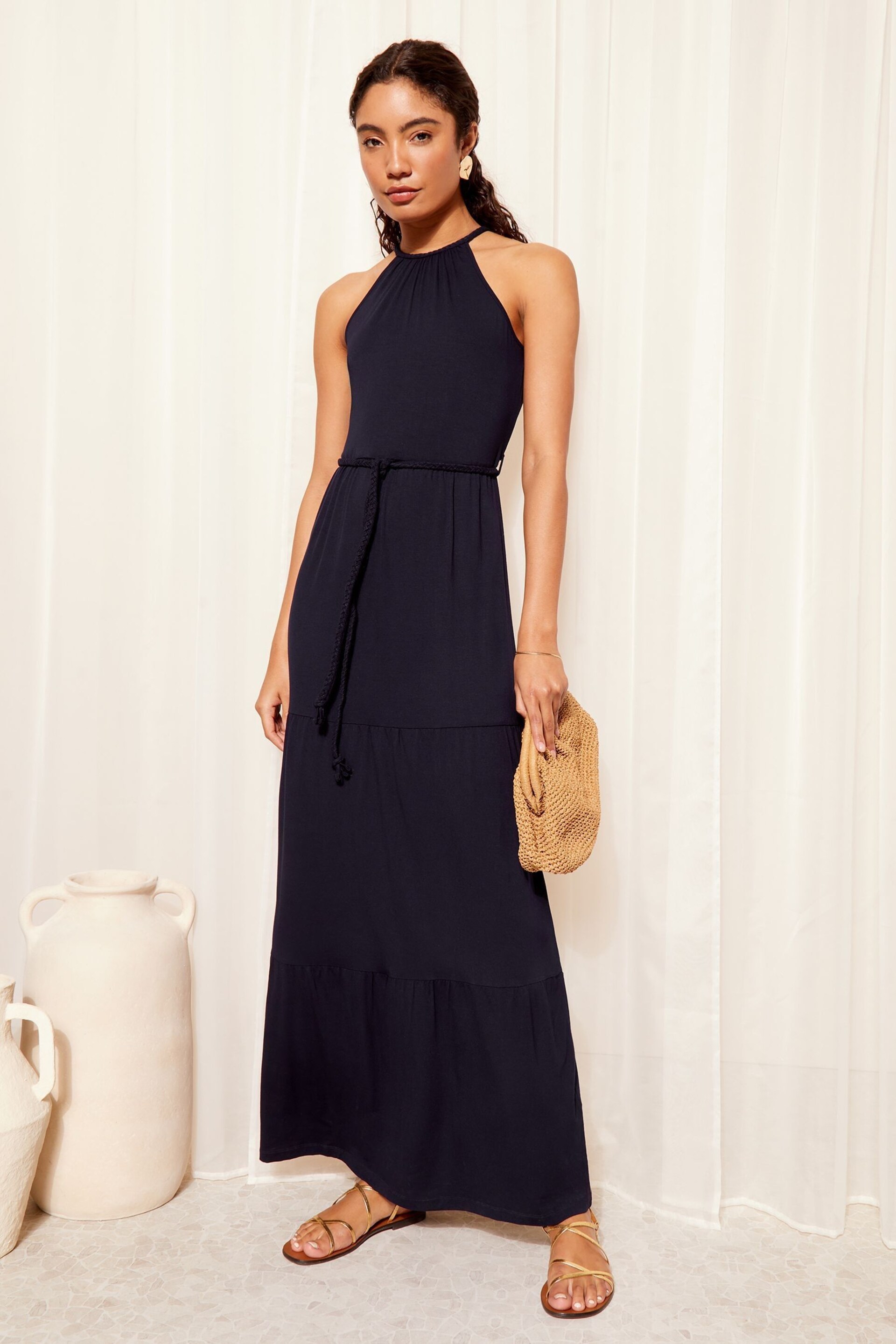 Friends Like These Navy Blue Halter Jersey Dress With Tie Belt - Image 1 of 4