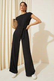 Friends Like These Black Petite Tie Belt Cosy Knit Rolled Sleeve Jumpsuit - Image 2 of 4