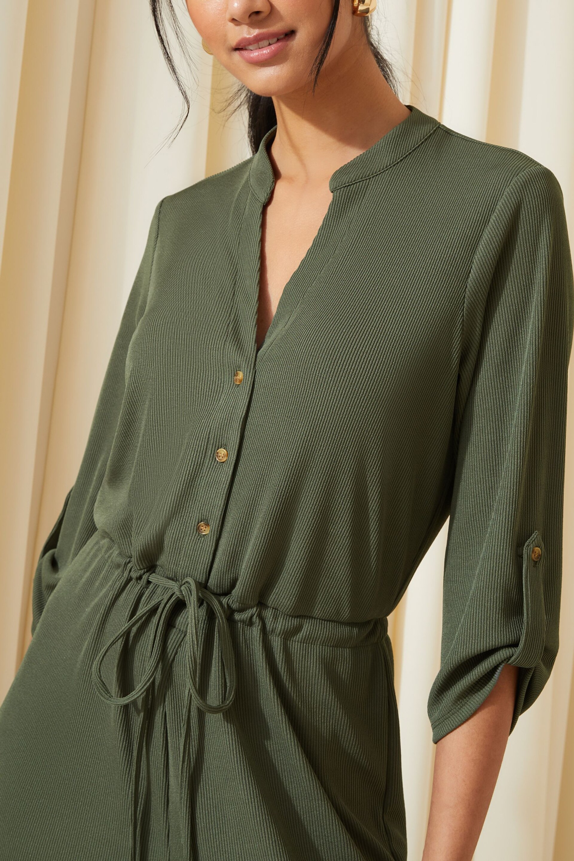 Friends Like These Khaki Green Petite Jersey Long Sleeve Cinched Waist Jumpsuit - Image 3 of 4