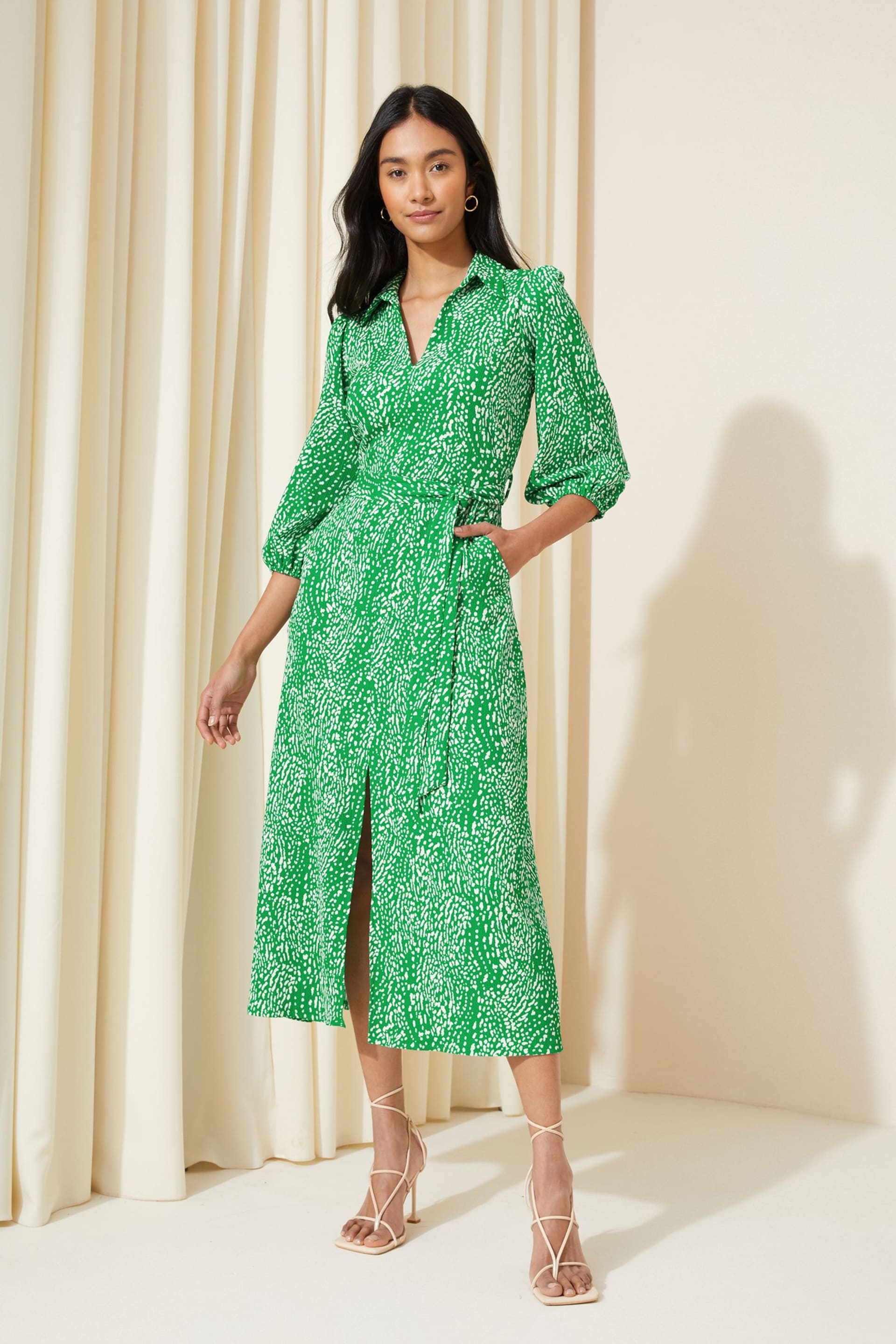 Friends Like These Green V Neck Jersey Belted Midi Shirt Dress - Image 1 of 4