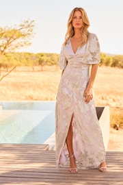 Friends Like These Pink Petite Flutter Cape Sleeve V Neck Maxi Dress - Image 3 of 4