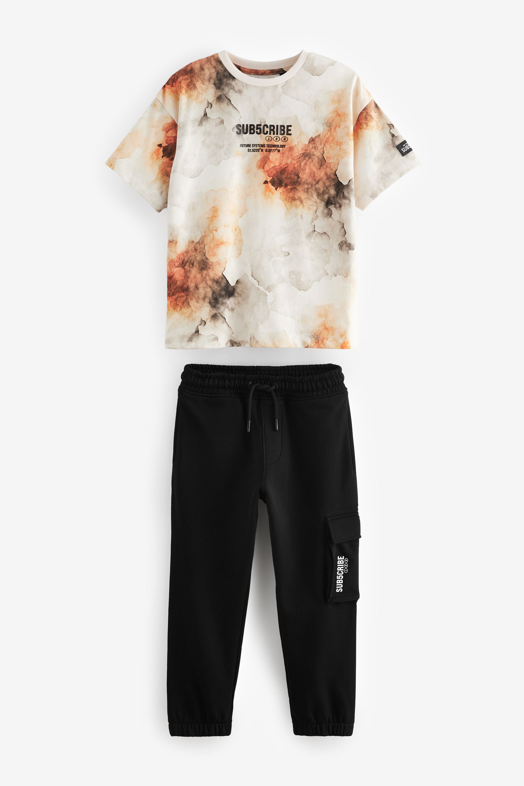 Black Ecru Subscribe Short Sleeve 100 Cotton T Shirt and Cargo Jogger Set 3 16yrs