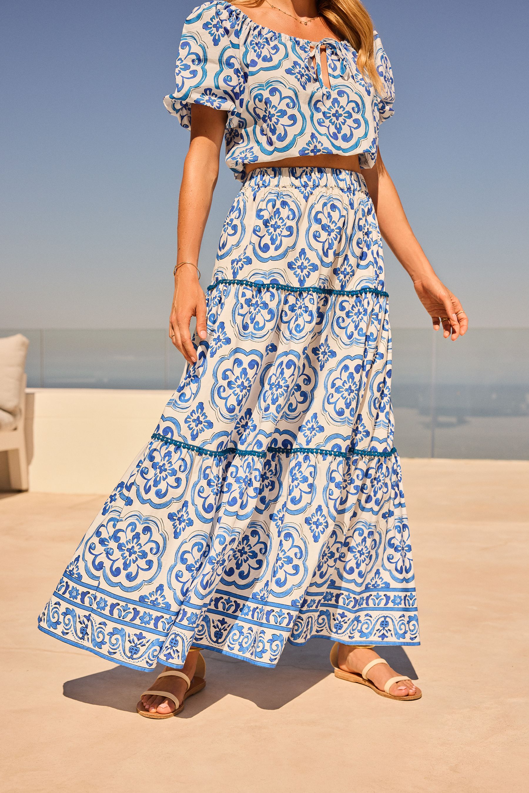 Friends Like These Blue Floral Tiered Cotton Maxi Skirt 14 Womens